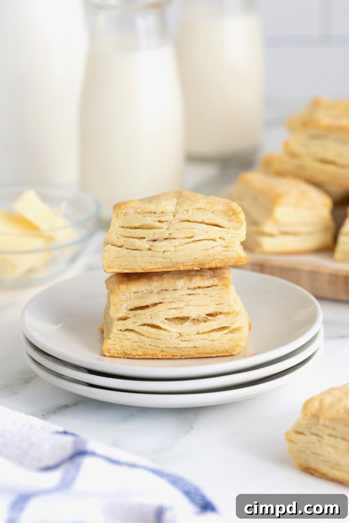 Comforting Buttermilk Biscuits 3 Two fluffy homestyle buttermilk biscuits, perfectly stacked on a pristine white plate, showcasing their inviting golden crust.
