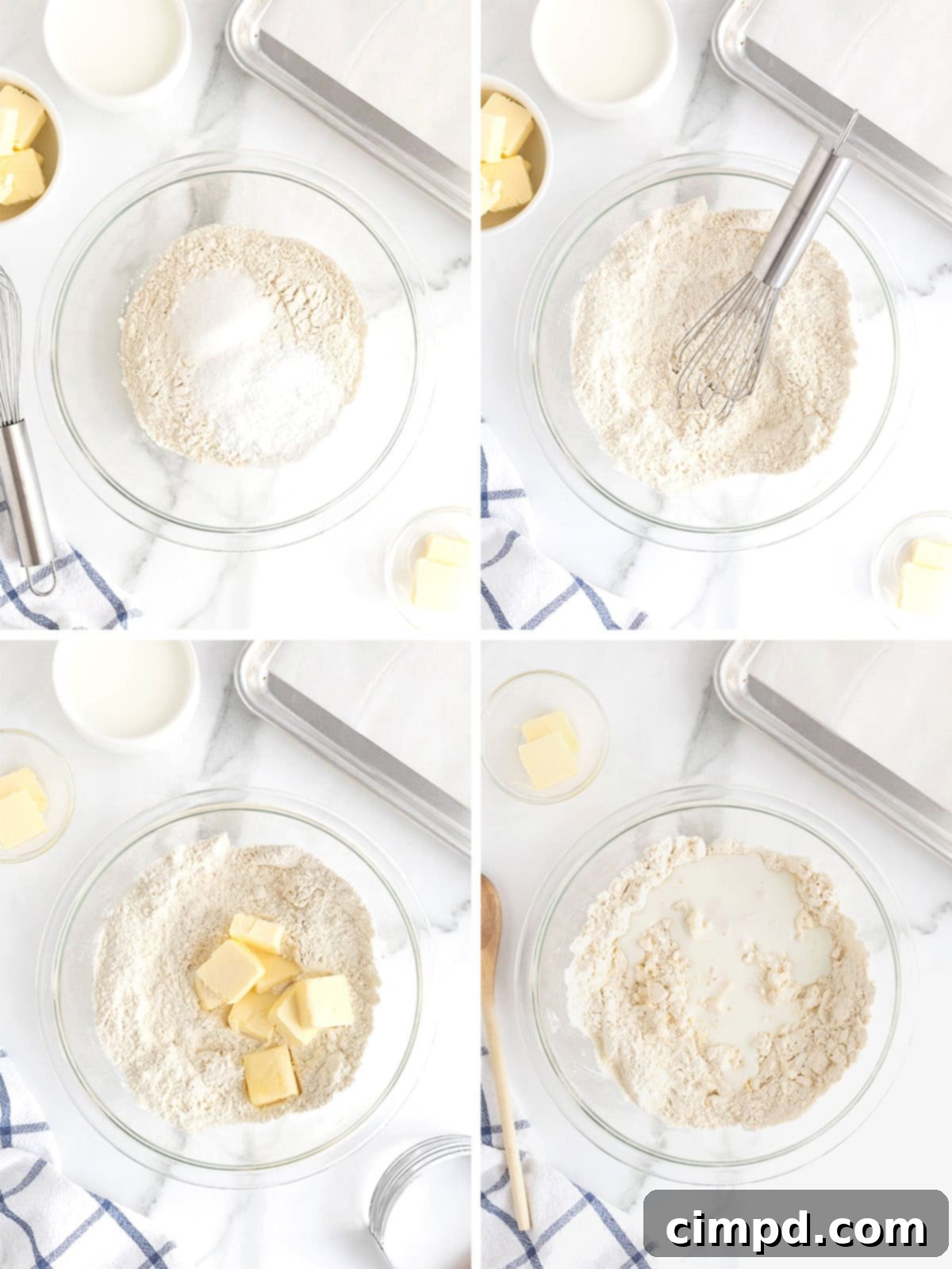Comforting Buttermilk Biscuits 8 A visual guide showing the initial steps to make homestyle buttermilk biscuits, including mixing dry ingredients and cutting in butter.