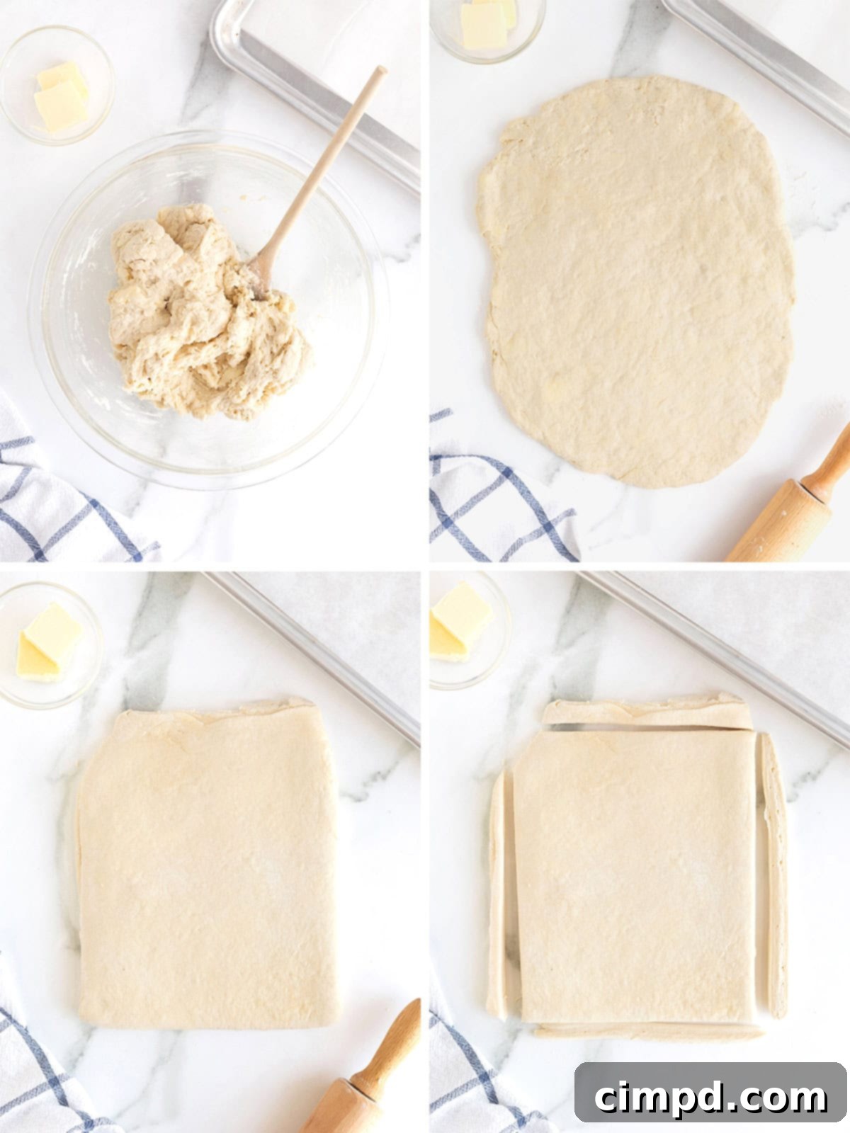 Comforting Buttermilk Biscuits 9 A visual guide showing the rolling, folding, and trimming steps for making homestyle buttermilk biscuits, highlighting the dough preparation.