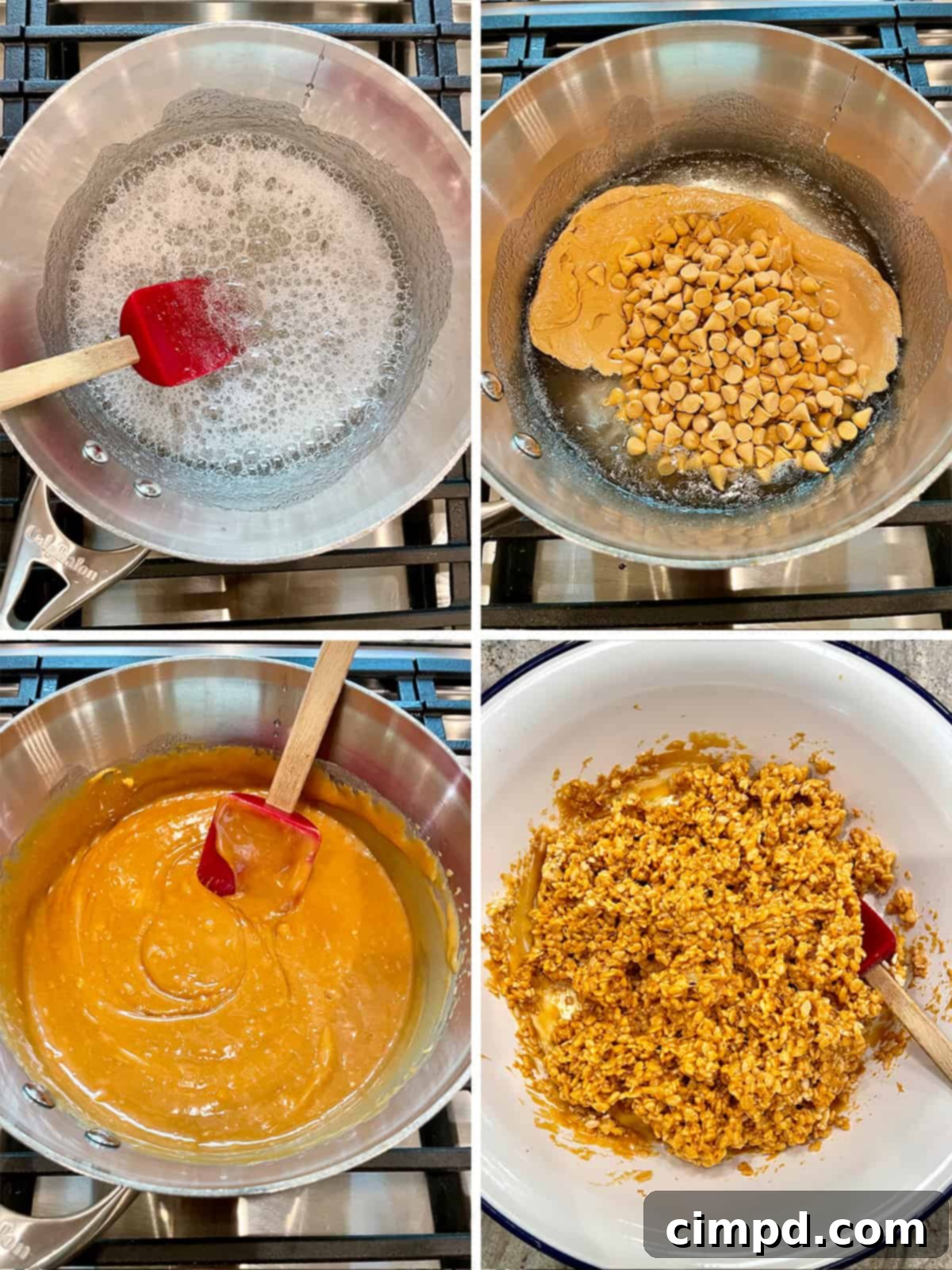 Festive Hot Chocolate Board and Snowman Scotcheroos 5 Step-by-step image illustrating the process of mixing crispy rice cereal with the warm peanut butter and butterscotch mixture in a large bowl, ensuring even coating.