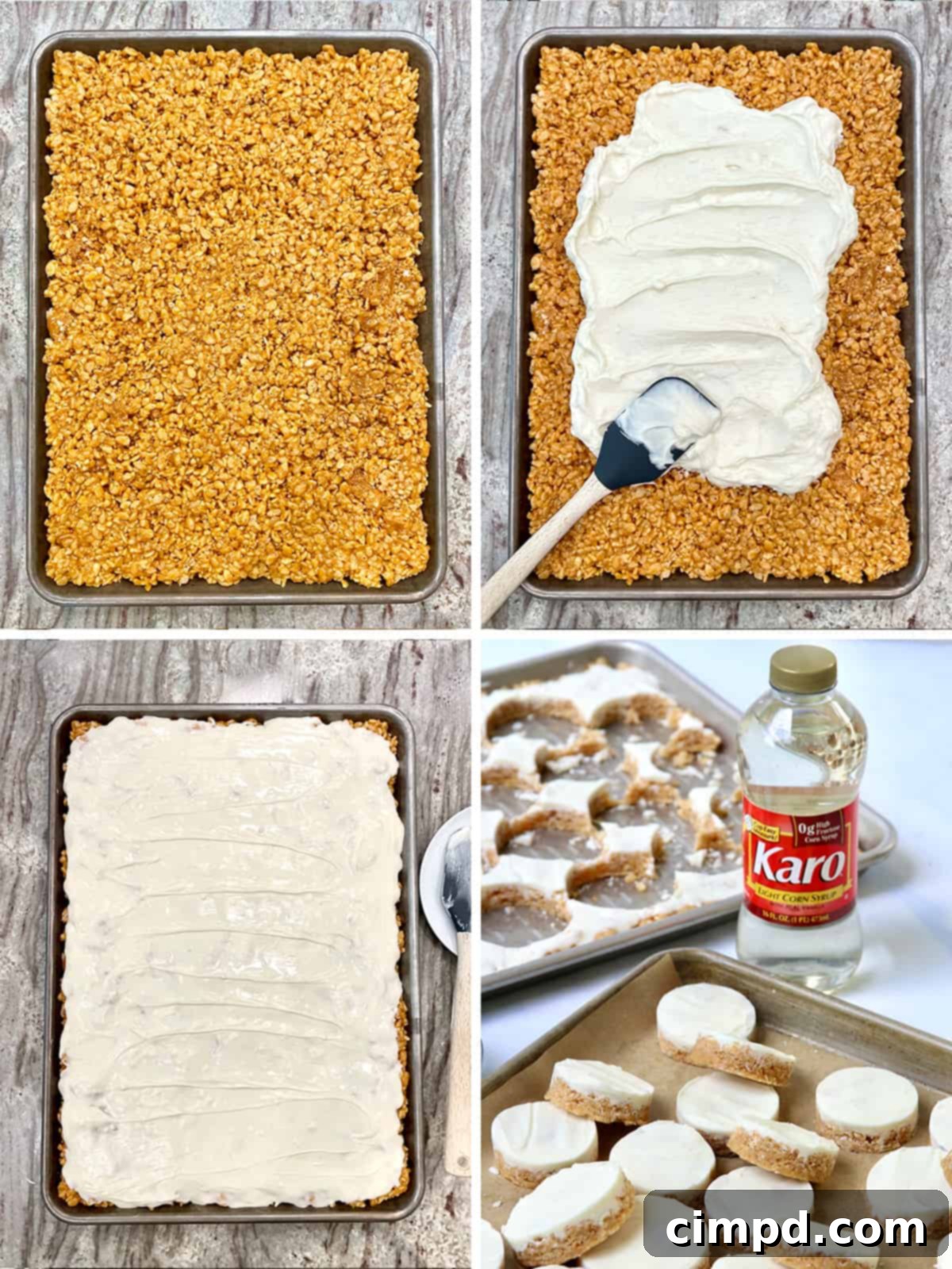 Festive Hot Chocolate Board and Snowman Scotcheroos 6 A step-by-step image demonstrating how to use different sized round cookie cutters to create the body and head shapes for the Snowman Scotcheroos from the prepared bars.