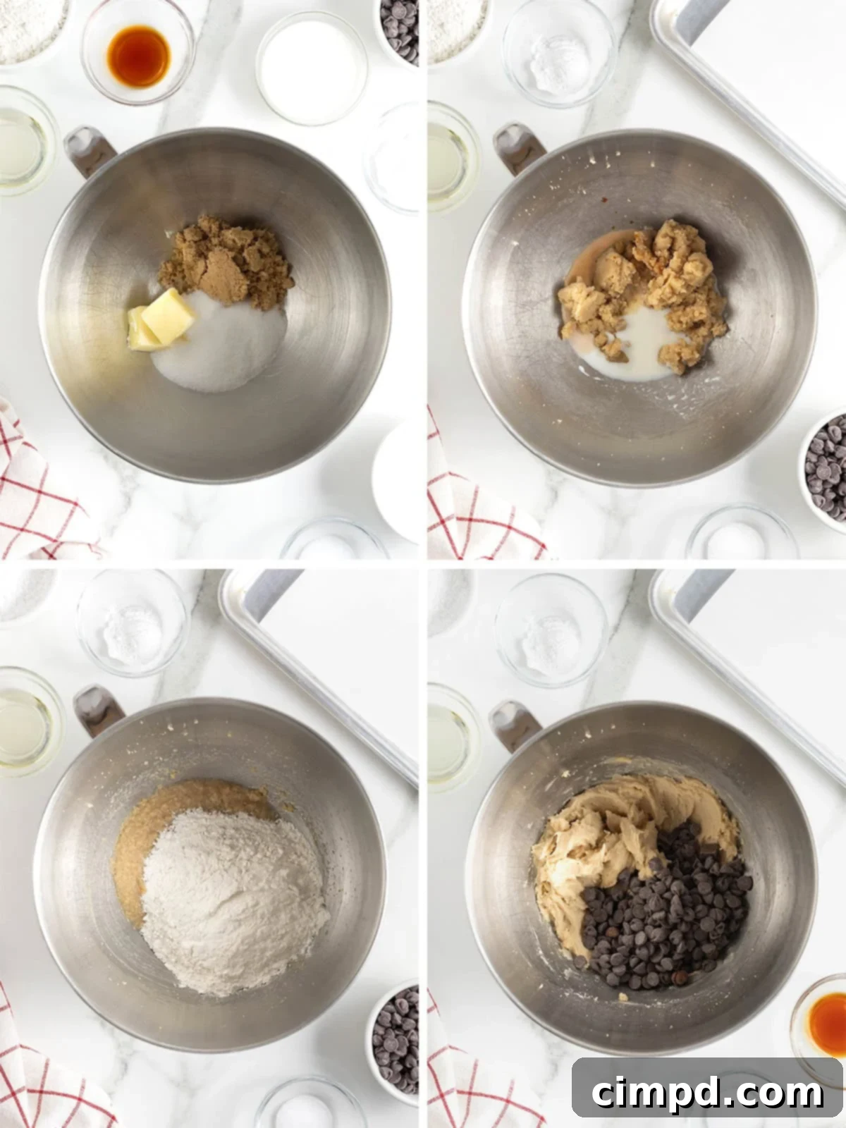 A series of close-up images depicting the initial steps of making fried cookie dough, from mixing ingredients to forming the dough.