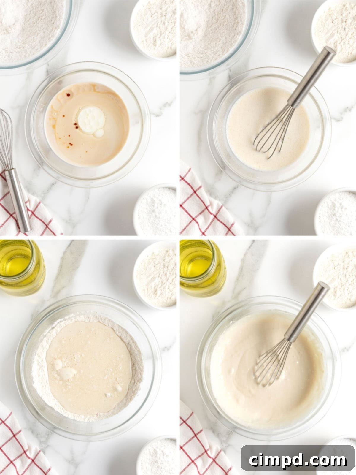 Further steps in making fried cookie dough, focusing on combining the wet and dry ingredients to form a smooth batter, ready for coating.