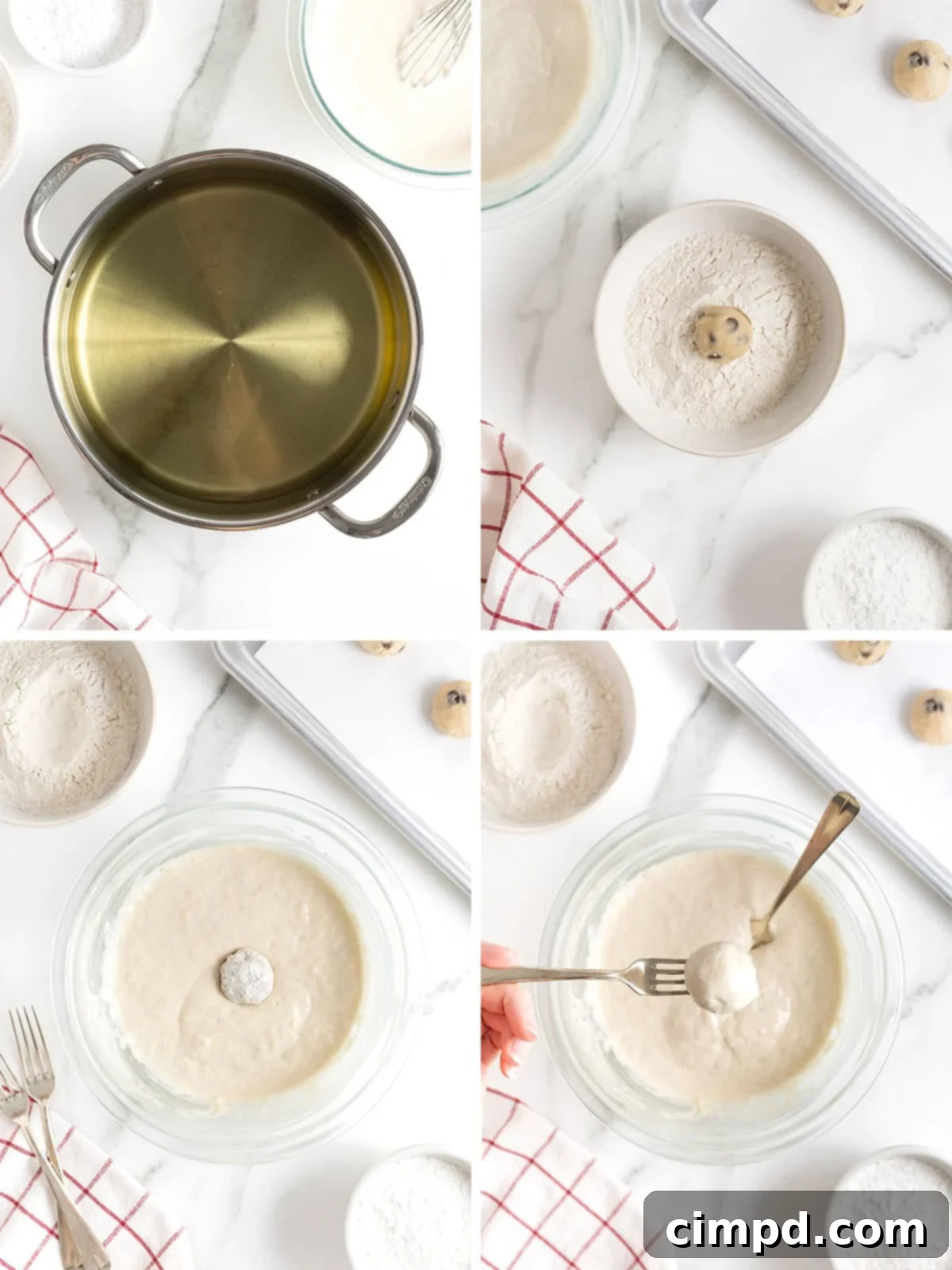 Detailed instructional images showing the final preparation steps for fried cookie dough: coating the dough balls in flour and then dipping them in the sweet batter.