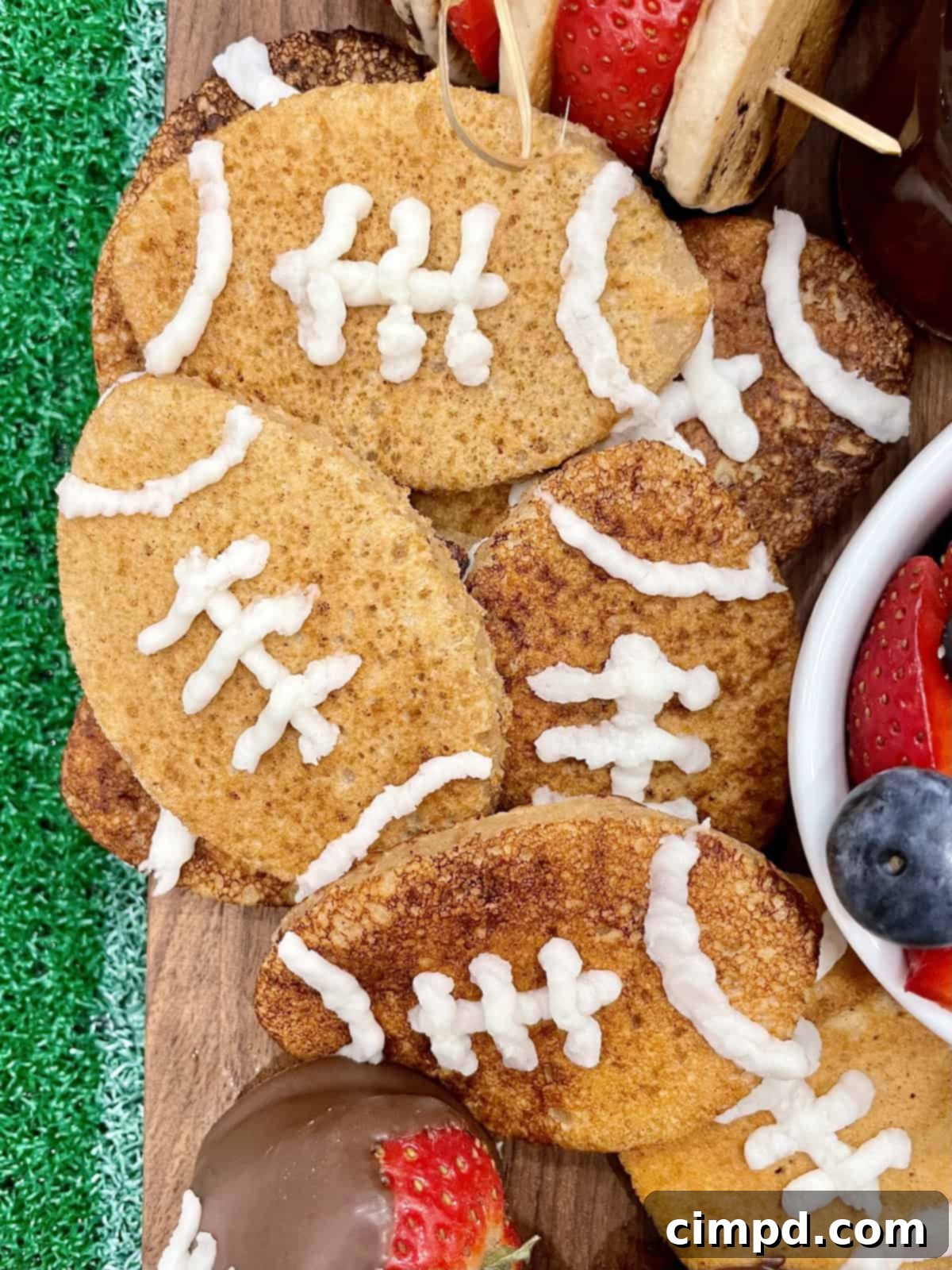Football Shaped Pumpkin Pancakes decorated with frosting