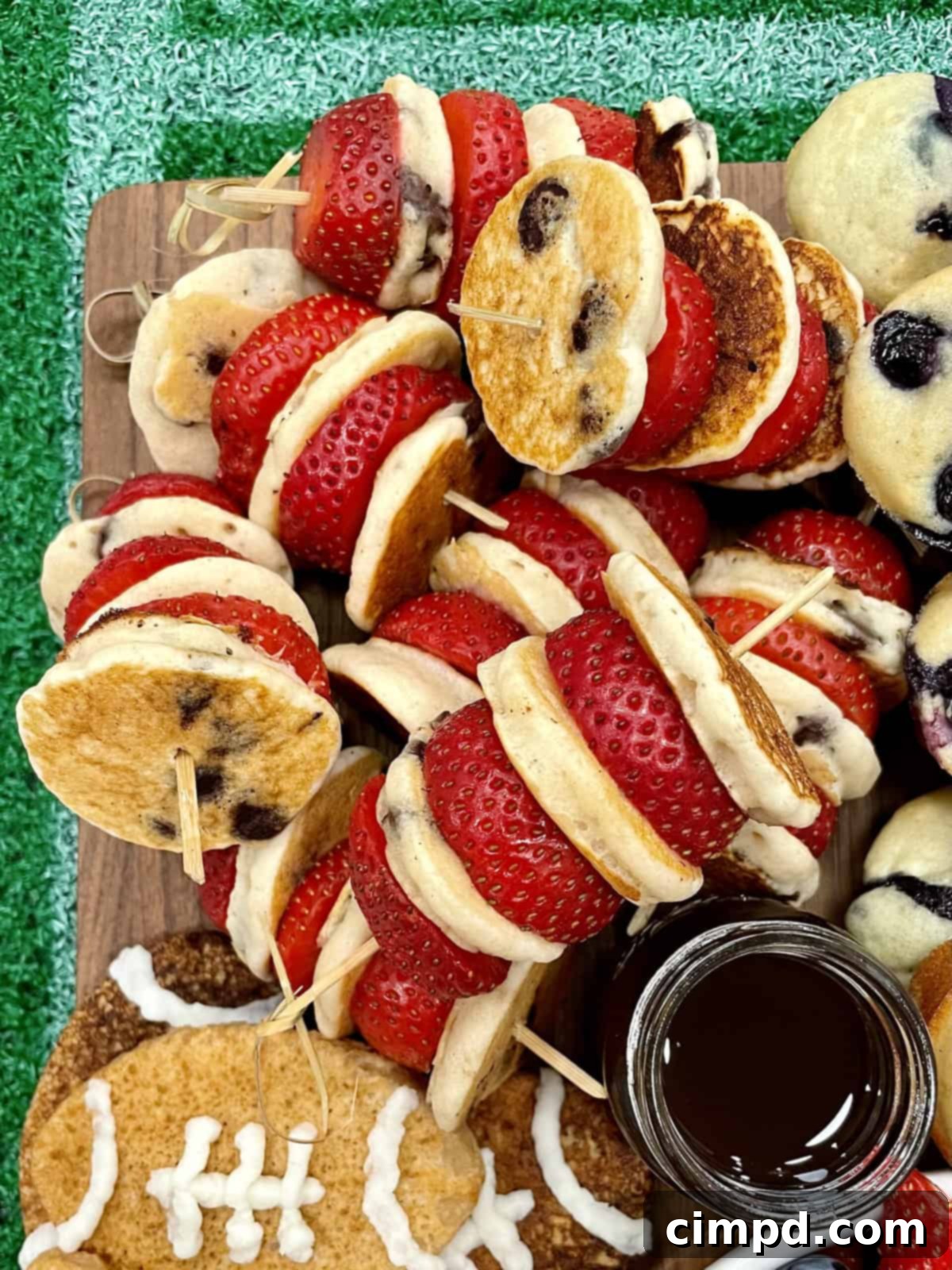 Mini Chocolate Chip Pancake and Strawberry Skewers with syrup