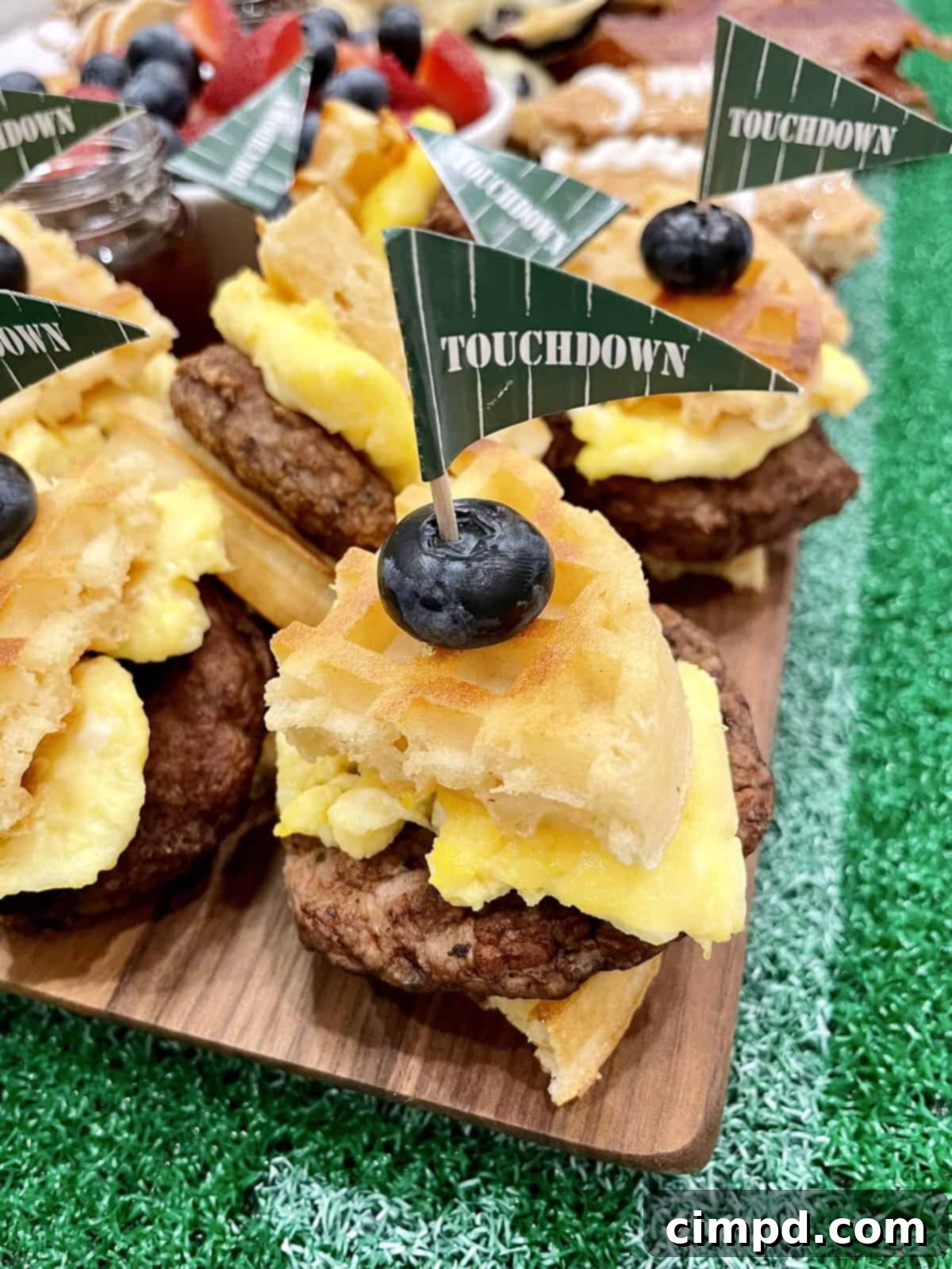 Turkey Sausage and Egg Waffle Sliders with football picks