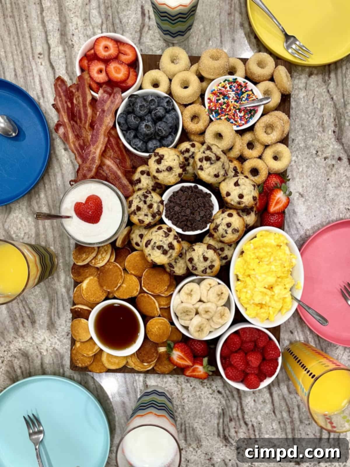 A fully assembled Kid-Friendly Breakfast Board, ready for a family to enjoy.