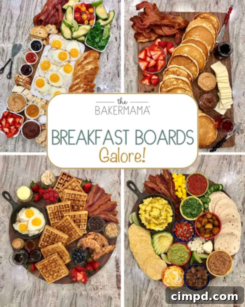 A collage of various breakfast boards, showcasing diverse themes and ingredients.
