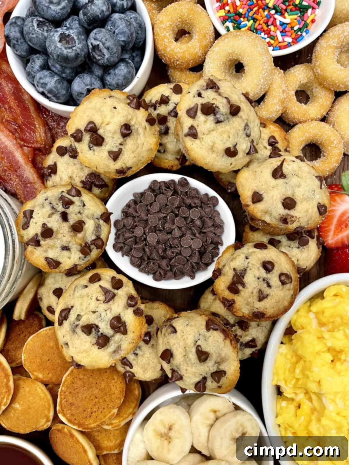 Kid-Friendly Breakfast Board featuring a variety of colorful fruit and baked goods.