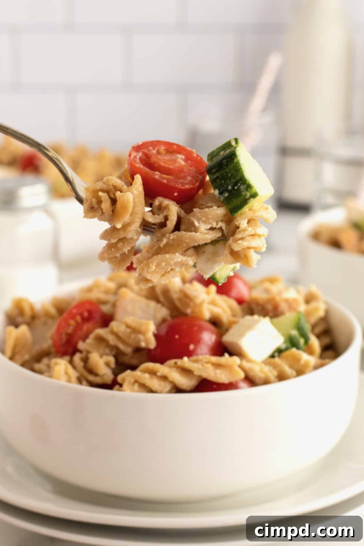 Close-up of Hummus Pasta Salad with fresh ingredients
