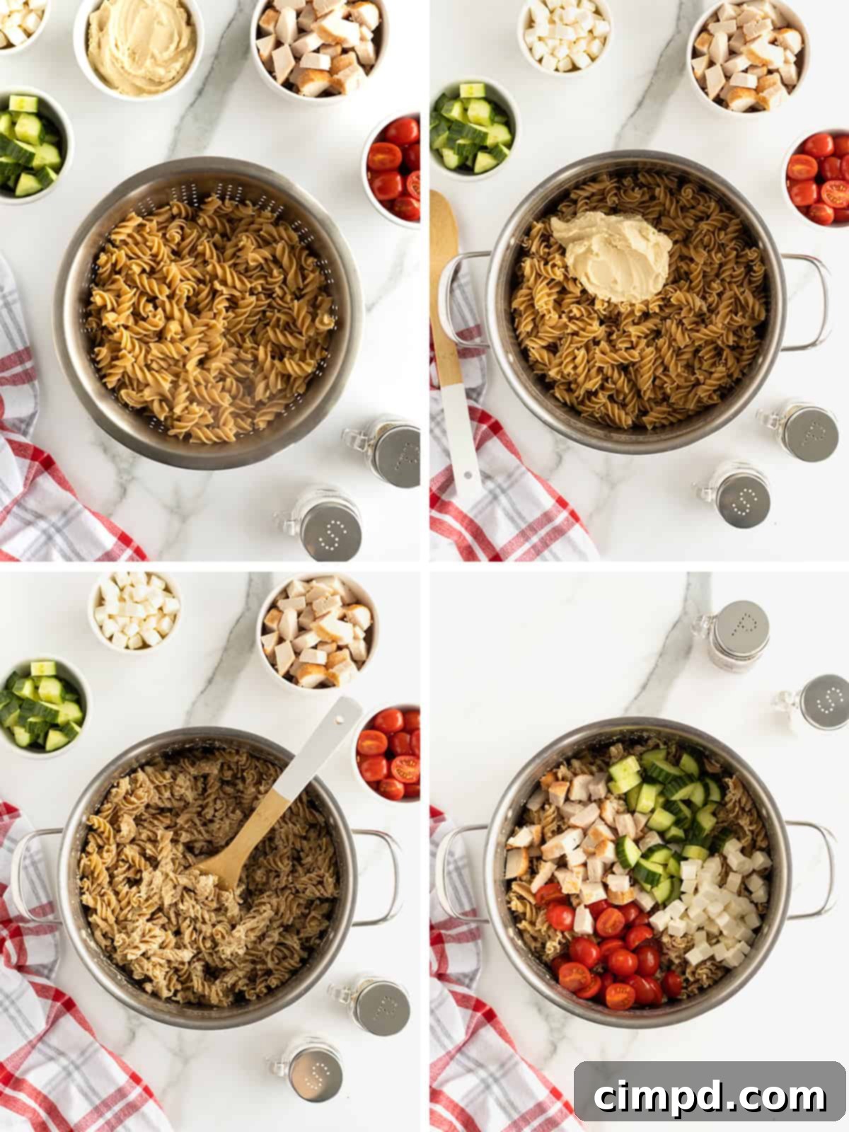 Overhead view of finished Hummus Pasta Salad in a serving bowl