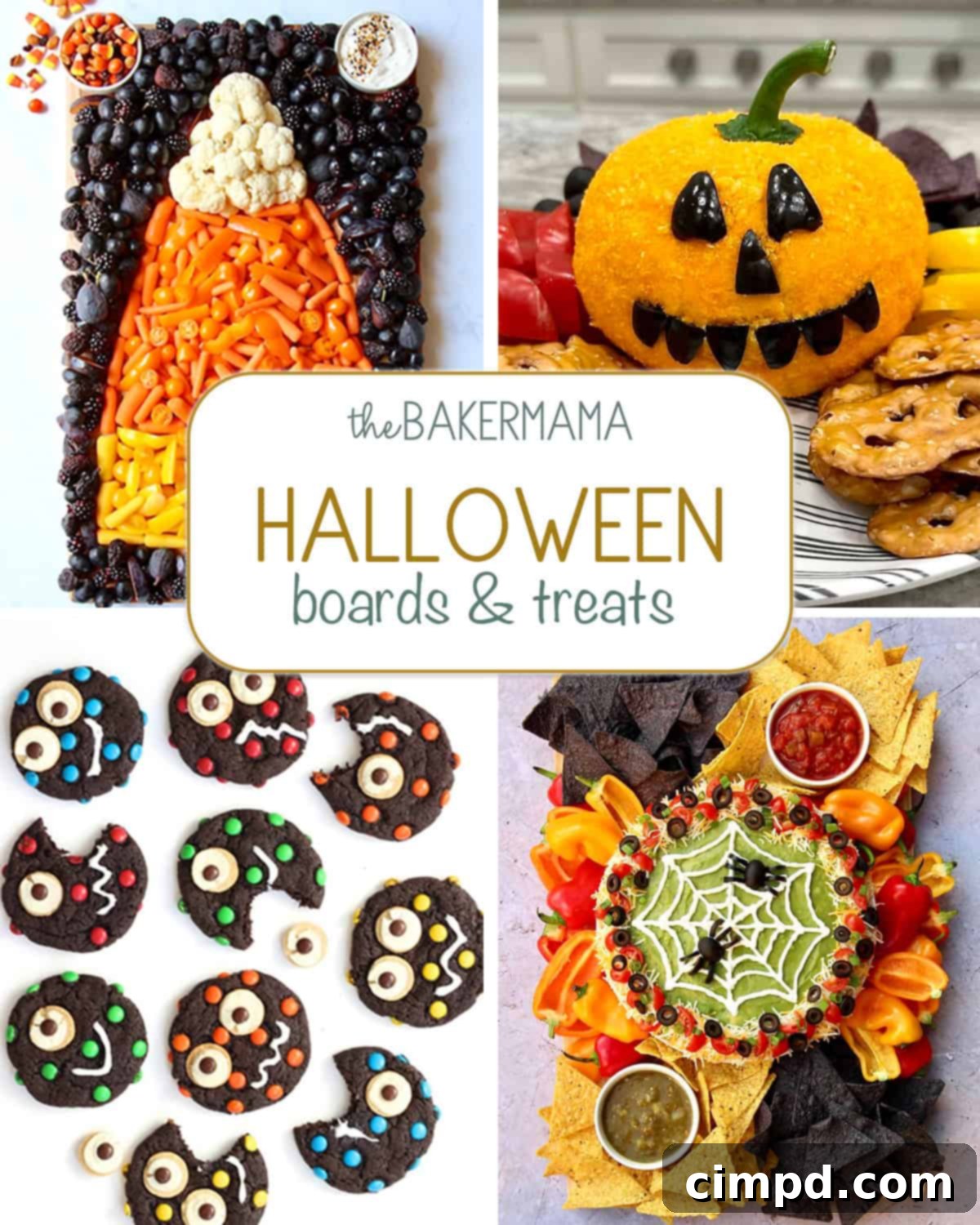 A vibrant Halloween spread featuring a colorful Candy Corn Snack Board, a festive Jack O'Lantern Cheese Ball, whimsical Halloween Monster Cookies with edible googly eyes, and a creatively designed Spiderweb 7 Layer Dip. This image showcases a variety of spooky and sweet treats perfect for Halloween parties.