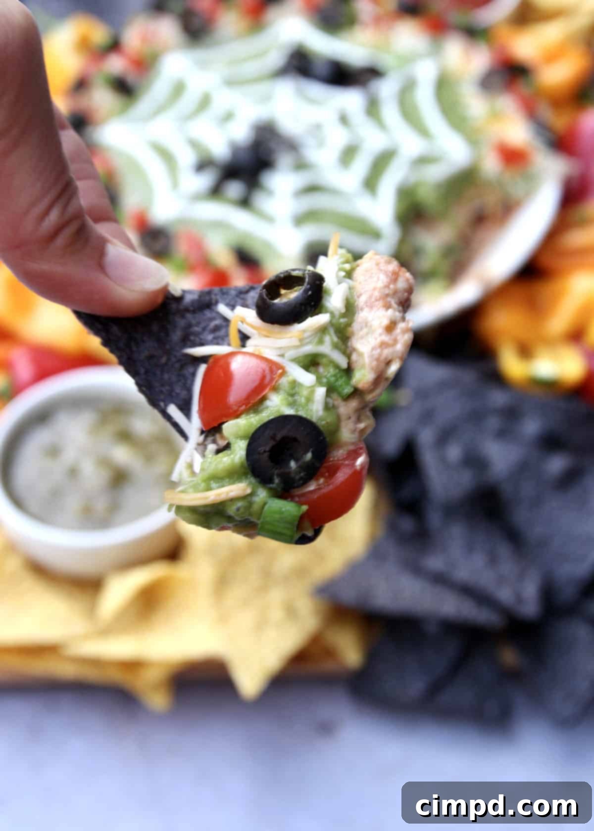 Spider Web Seven Layer Dip by The BakerMama - The complete Spiderweb Seven Layer Dip Board with chips, salsas, and vegetables.