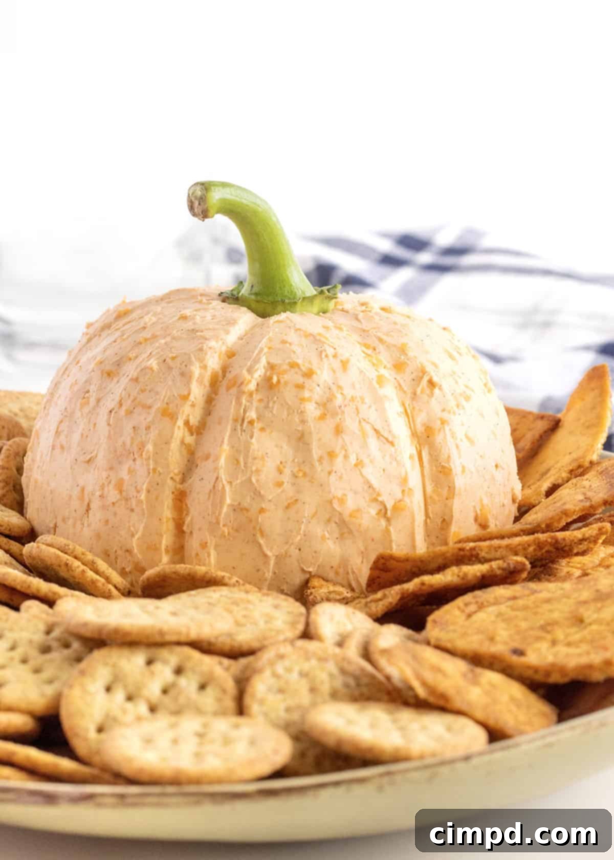 A cheese ball in the shape of a pumpkin surrounded by crackers on a large white serving plate.