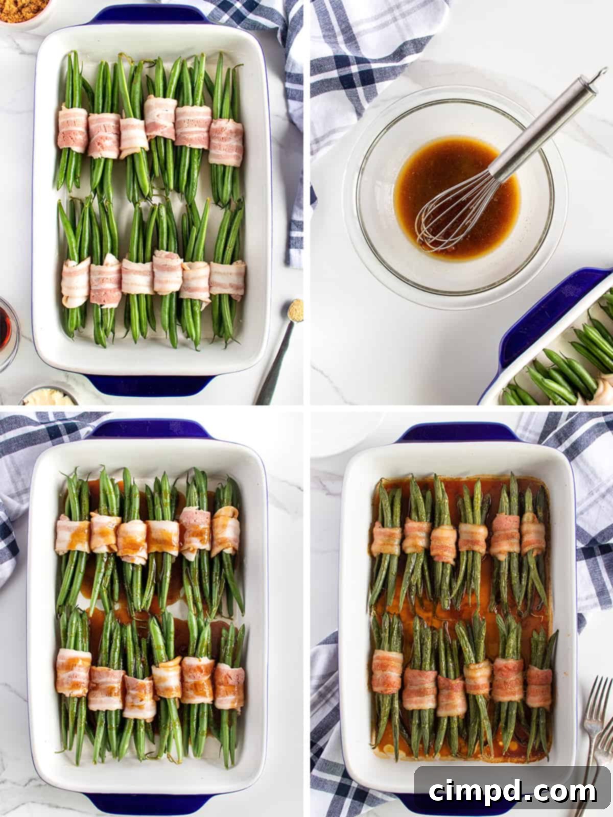Finished Green Bean Bundles, golden brown and glistening with glaze, in a casserole dish.