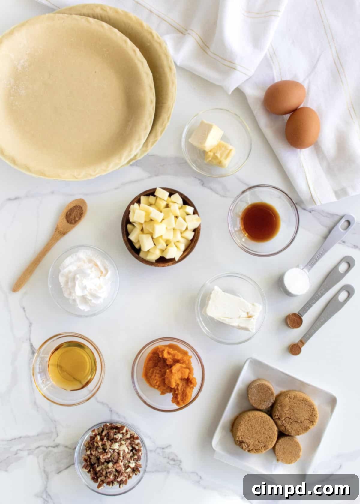 Easy One Pan Mini Thanksgiving Pie Trio 5 Variety of ingredients for mini Thanksgiving pies laid out