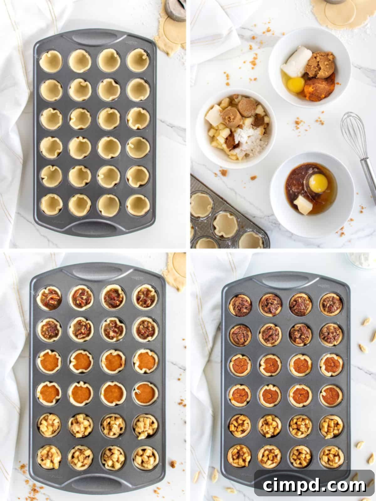 Easy One Pan Mini Thanksgiving Pie Trio 6 Close-up of baked One-Pan Mini Thanksgiving Pies with whipped cream