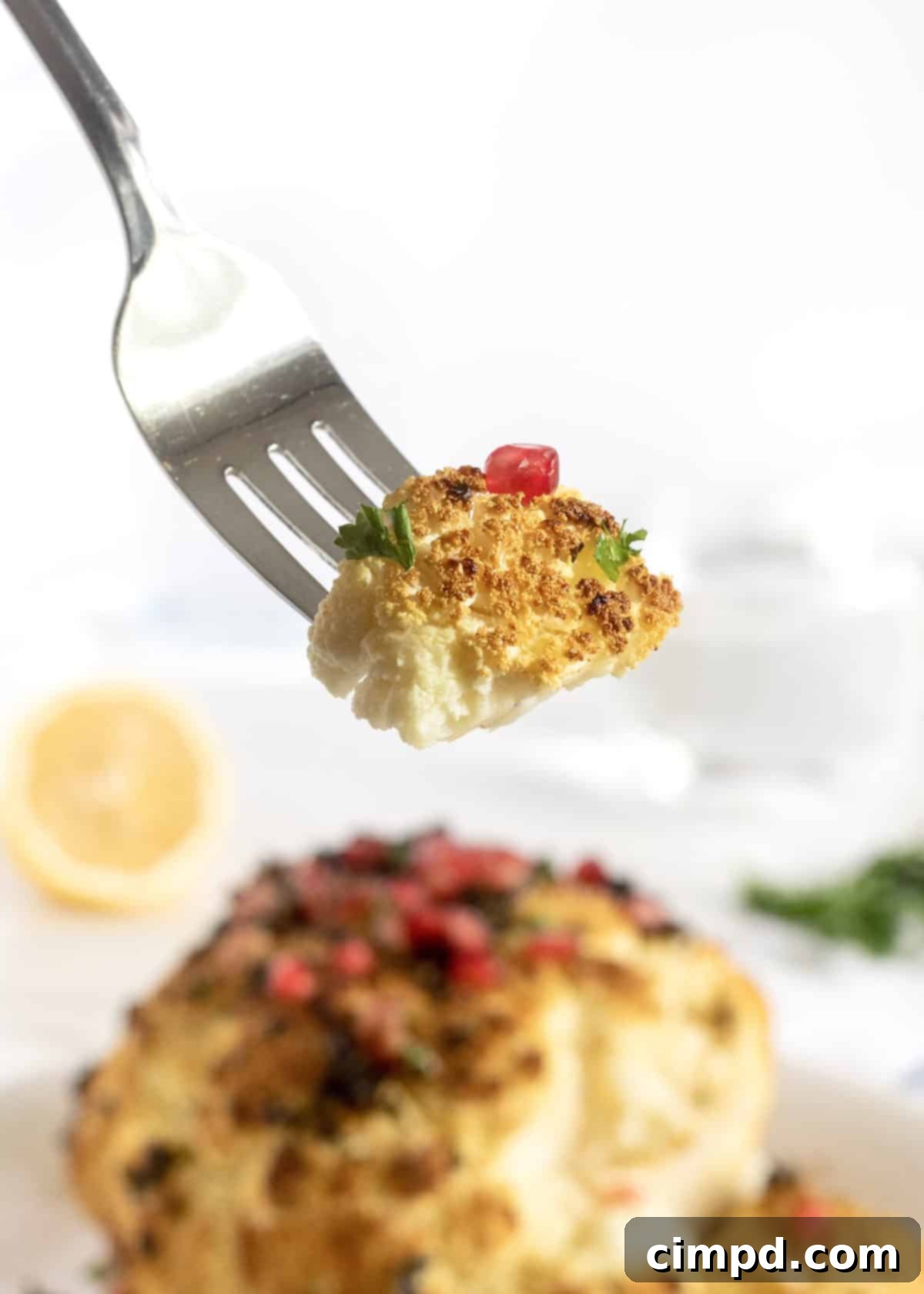 A serving of roasted cauliflower with red pomegranate seeds and green herbs on a plate, showing its delicious texture.