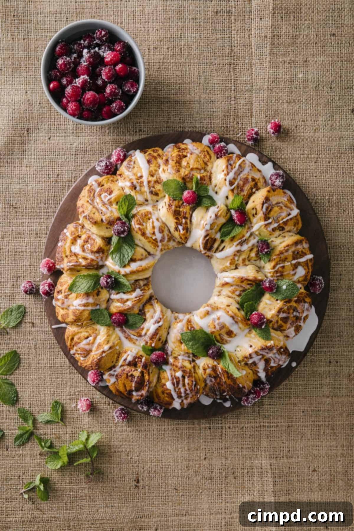 Festive Cinnamon Roll Wreath with Sugared Cranberries and Fresh Mint, perfect for holiday brunch.