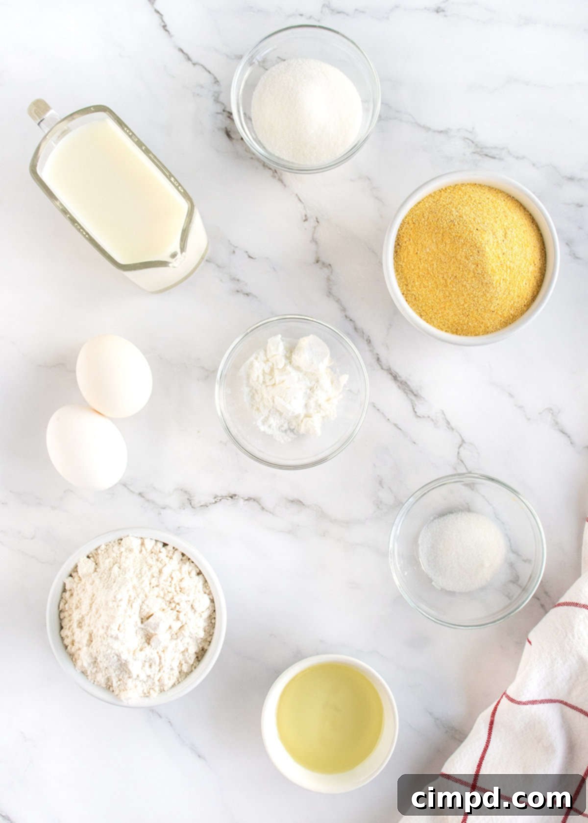 All the ingredients to make cornbread in small glass containers on a white marble counter.