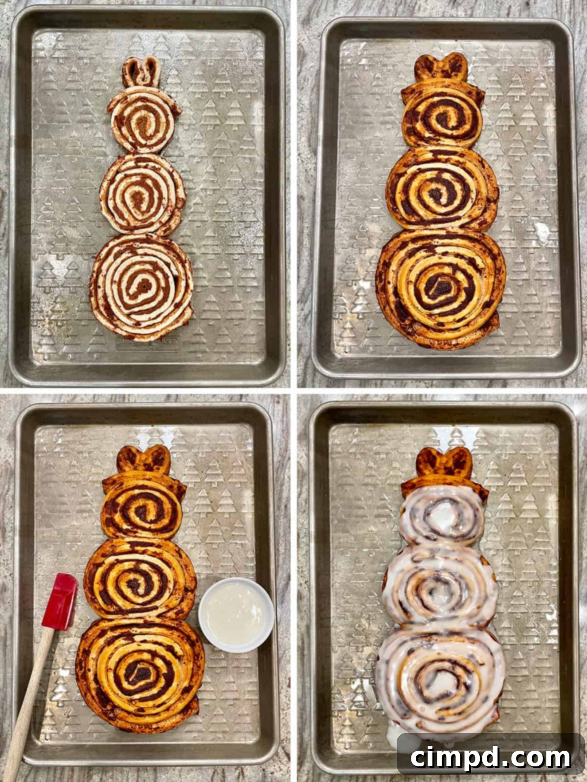 Baked Cinnamon Roll Snowman ready for decoration