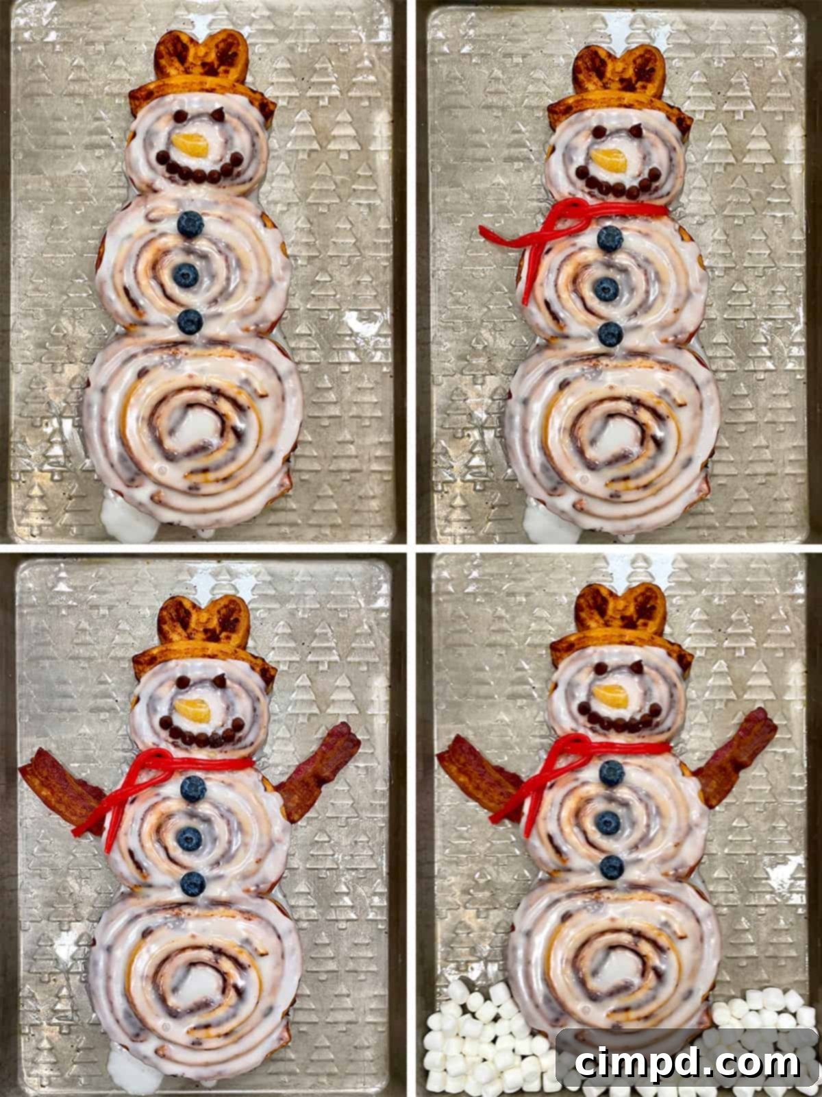 Fully decorated Cinnamon Roll Snowman Breakfast Tray with fruits and bacon