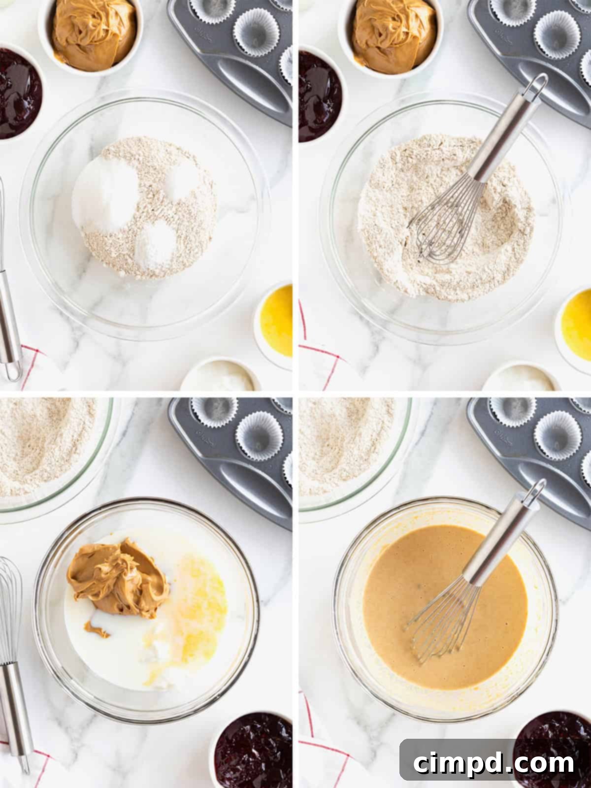 Peanut Butter and Jelly Muffin Bites 6 Steps to make peanut butter and jelly muffins.