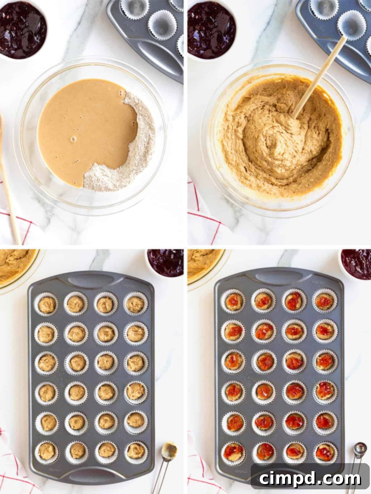 Peanut Butter and Jelly Muffin Bites 7 Steps to make peanut butter and jelly muffins.