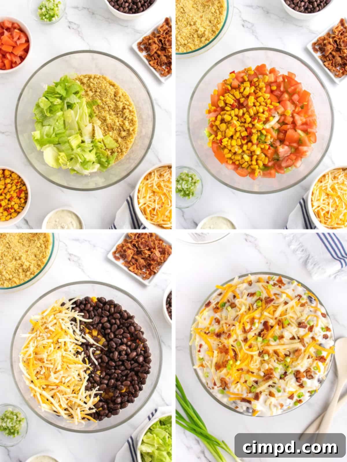 Southern Stacked Cornbread Medley 6 A large, clear bowl filled with a freshly prepared layered cornbread salad.