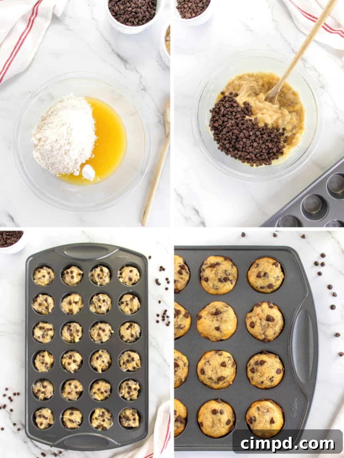 Freshly baked Mini Banana Chocolate Chip Muffins cooling on a wire rack.