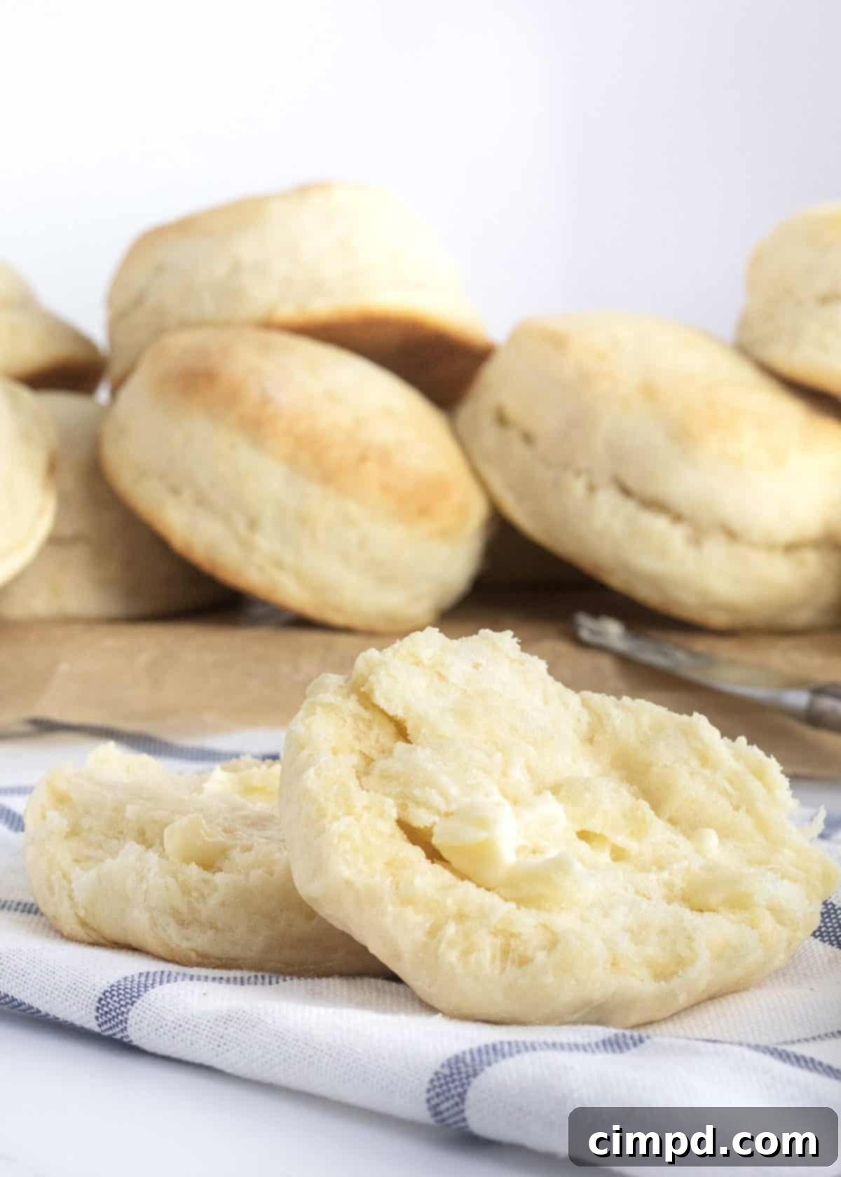 Heavenly Fluffy Biscuits 3 Close-up of a golden brown Angel Biscuit, showcasing its flaky layers and soft, airy interior texture.