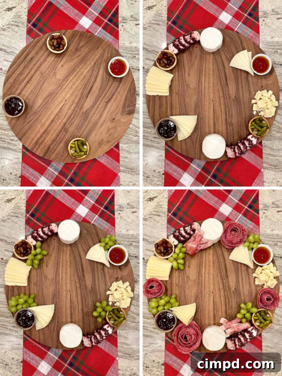 An overhead view of the assembled Charcuterie Wreath Board, highlighting the intricate arrangement of ingredients.