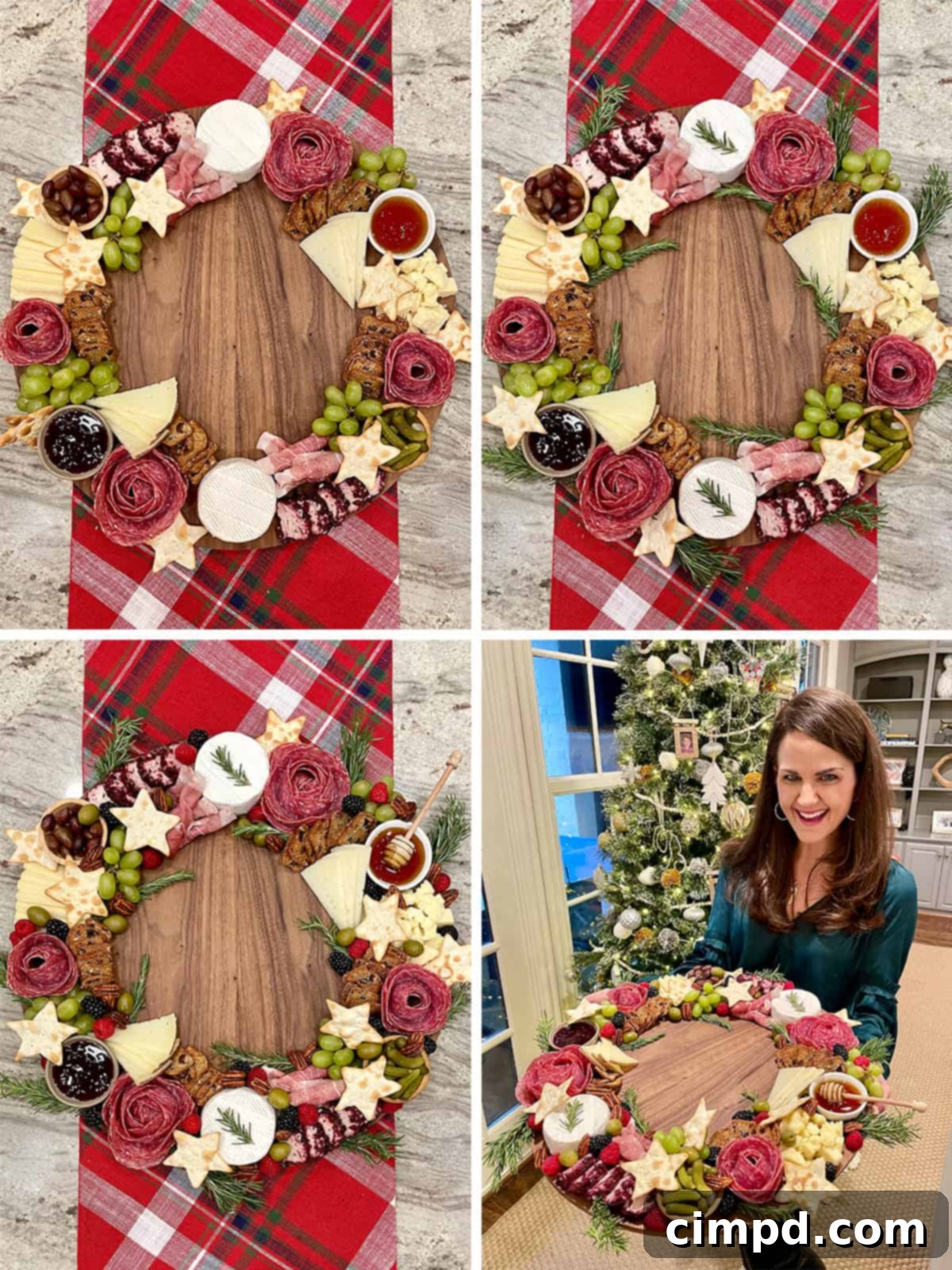 A completed Charcuterie Wreath Board, ready to be served at a holiday party.