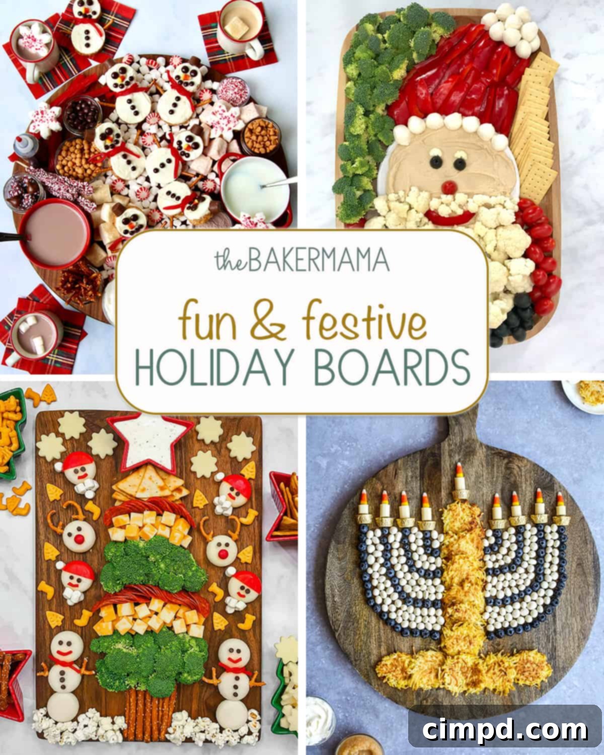A collage of festive holiday boards including a Hot Chocolate Board with Snowmen Scotcheroos, a Healthy Santa Snack Board, a Kids Christmas Tree Snack Board, and a Hanukkah snack board.