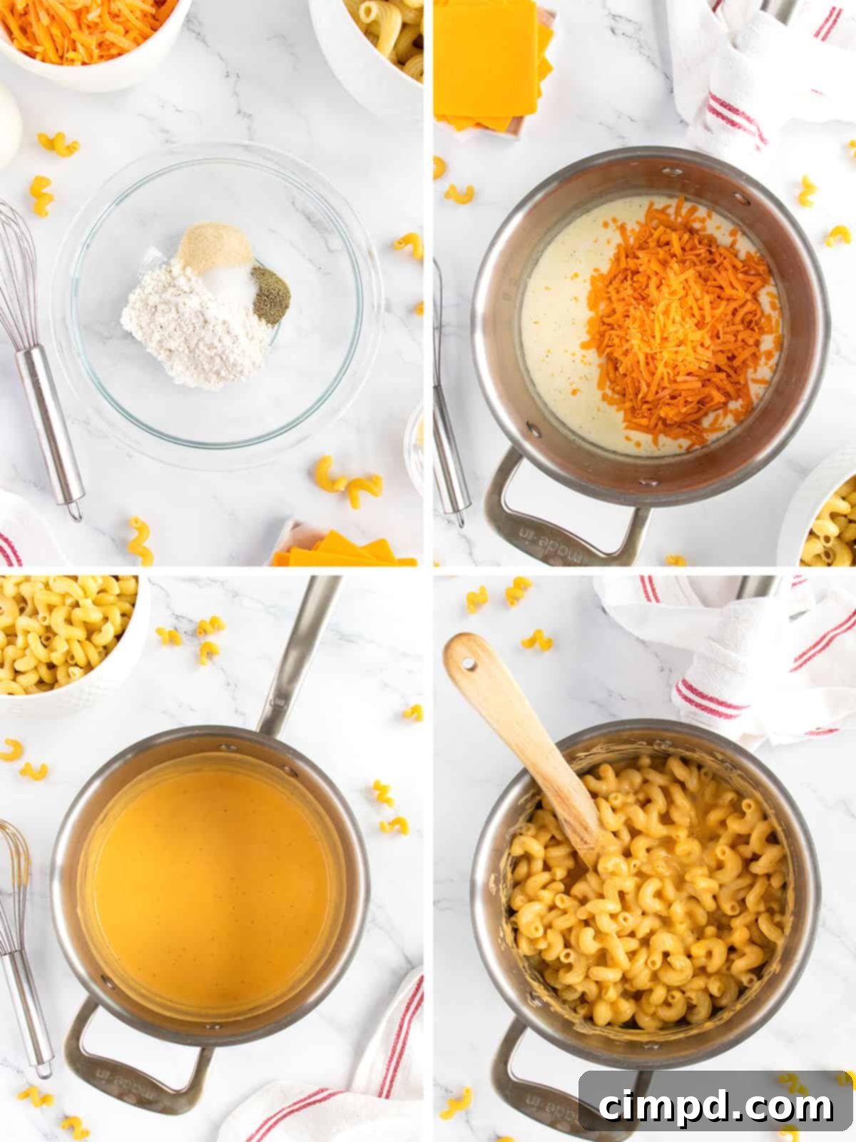 The BakerMama's Stovetop Macaroni and Cheese being stirred in a pot, showcasing its rich, golden color and creamy texture.
