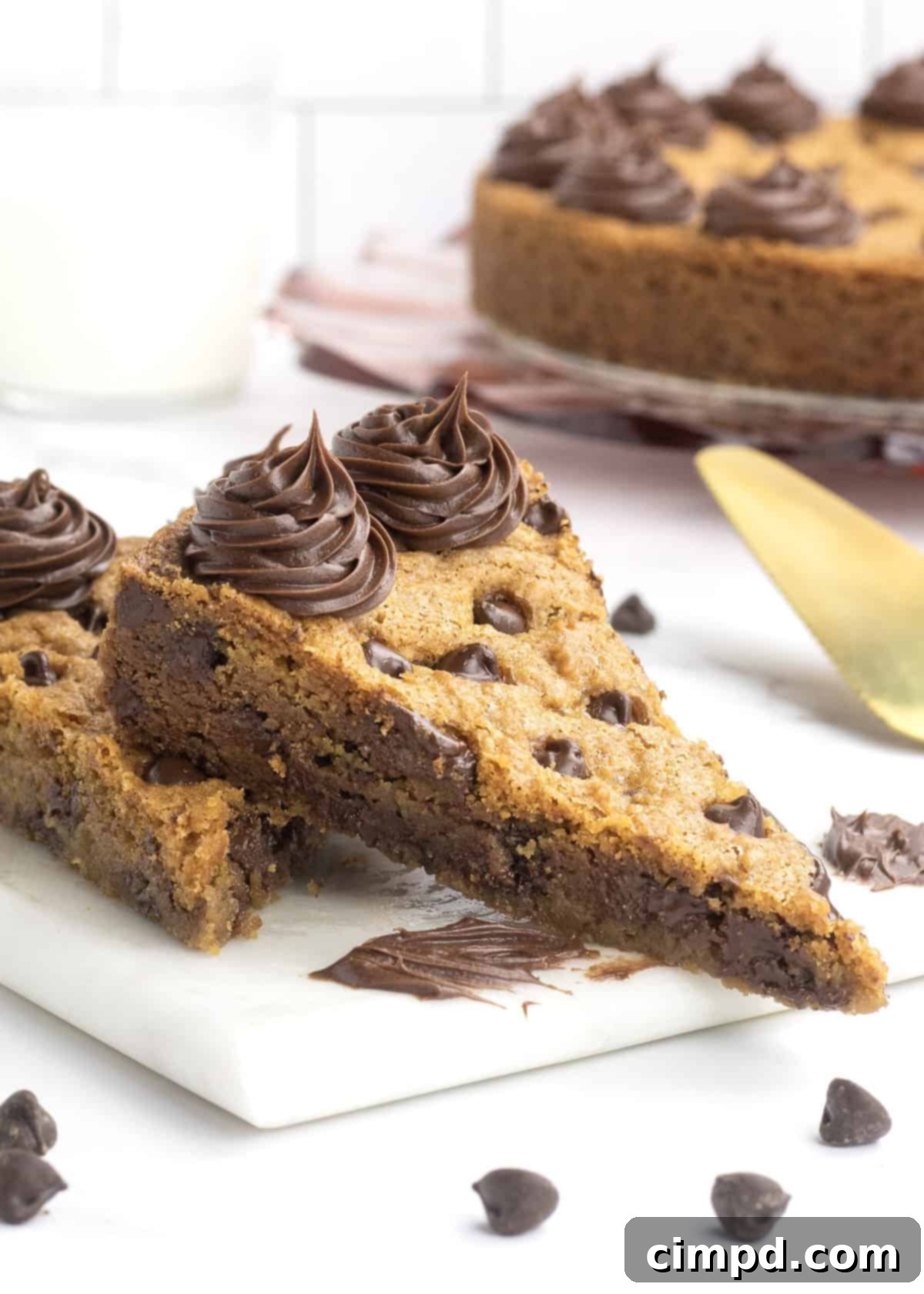 Perfectly baked Chocolate Chip Cookie Cake cooling on a wire rack after baking