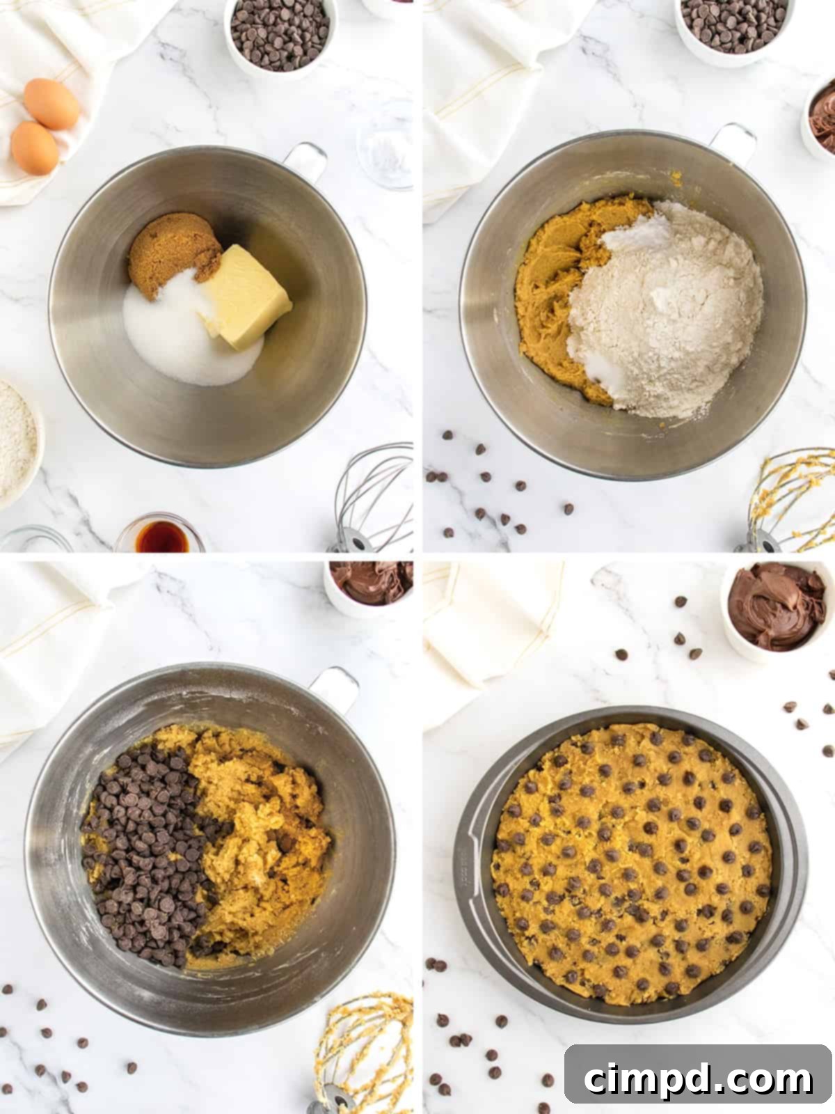 Close-up of a beautifully decorated Chocolate Chip Cookie Cake with frosting swirls