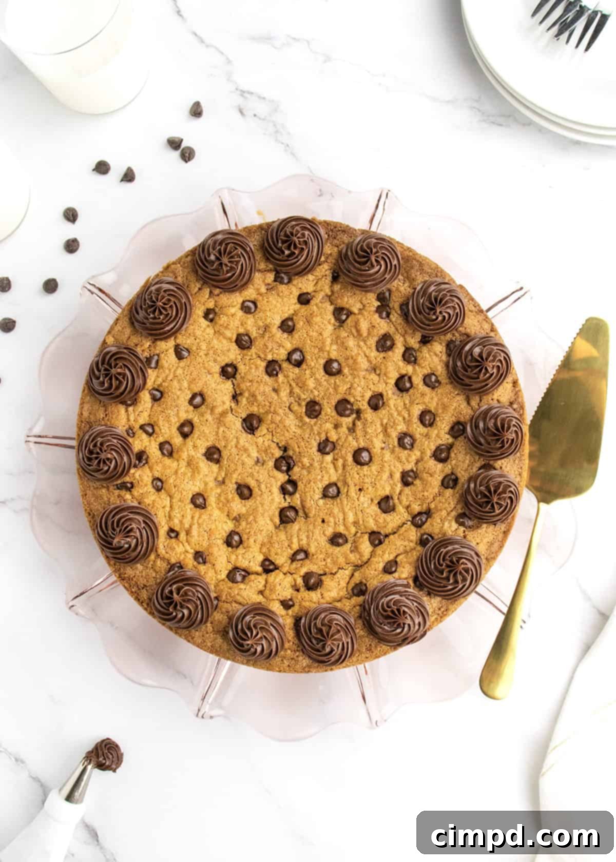 Decorated Chocolate Chip Cookie Cake ready for serving