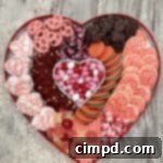 Heart shaped candy box filled with heart shaped cookies, cakes, candies and gummies.