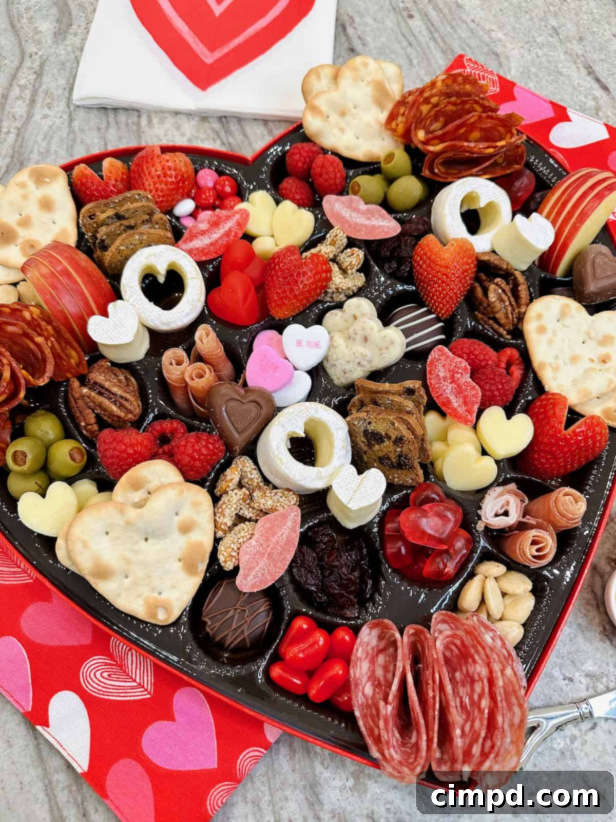 Heart-shaped charcuterie box filled with an array of delicious ingredients.