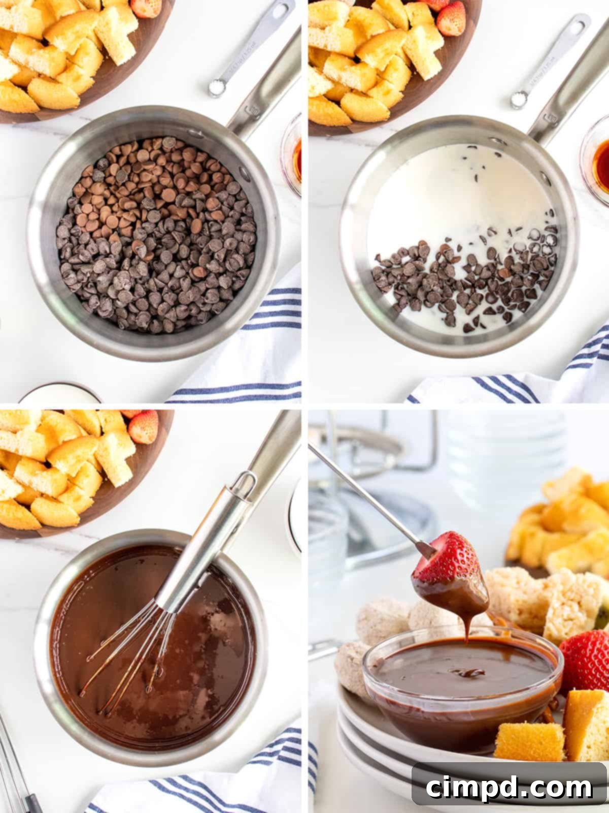 Creamy Easy Chocolate Fondue served with fresh fruit and marshmallows by The BakerMama