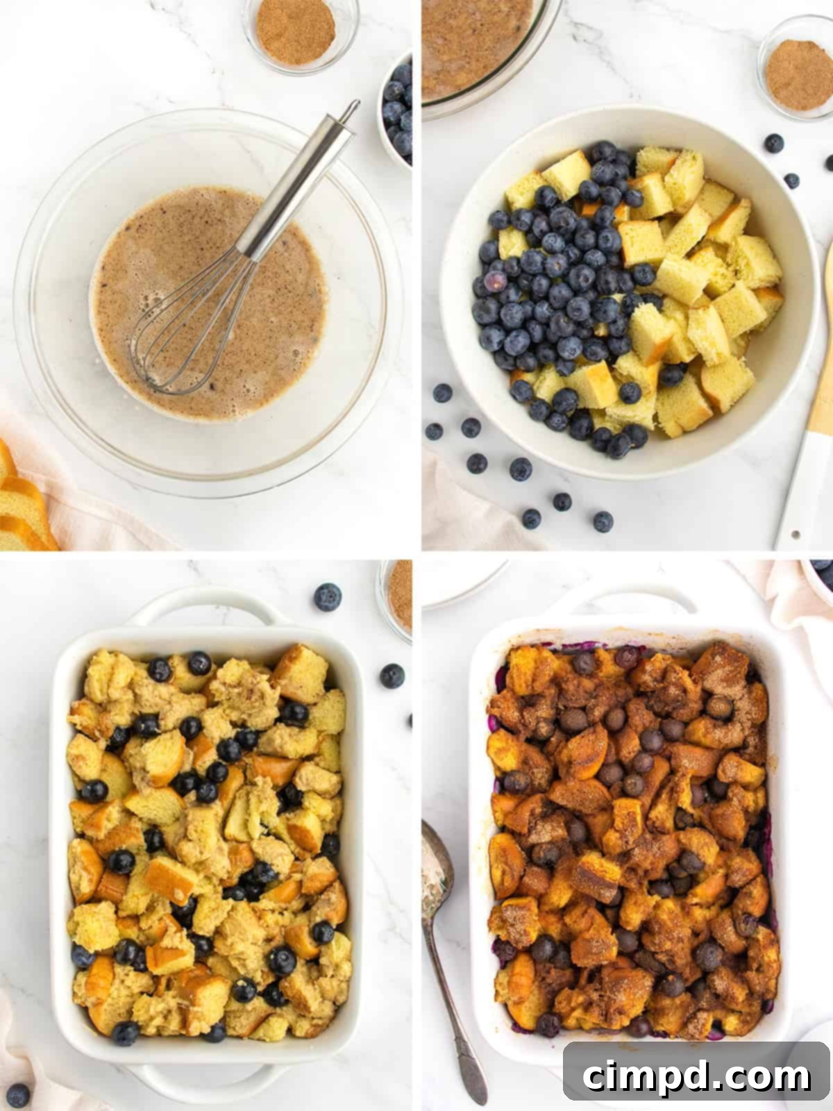 A square slice of Blueberry French Toast Casserole on a plate, topped with maple syrup and fresh berries.