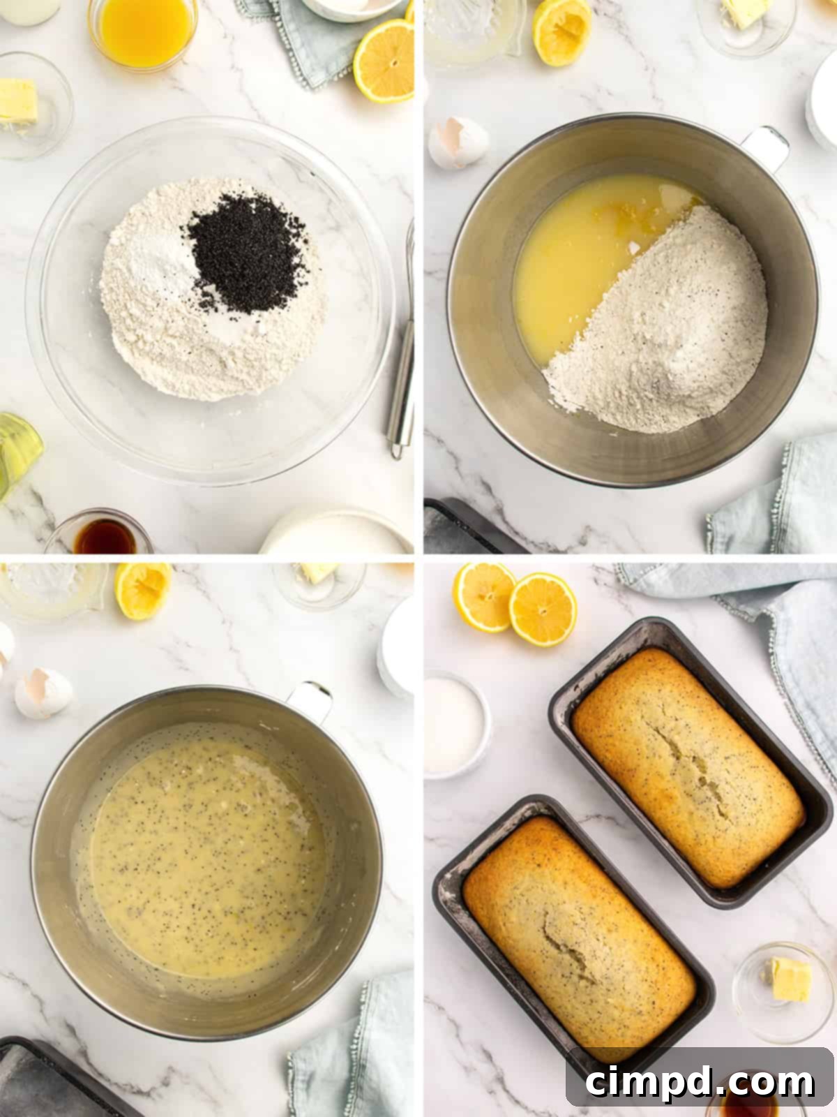 A top-down view of two freshly baked Lemon Poppy Seed Loaves on a cooling rack, by The BakerMama