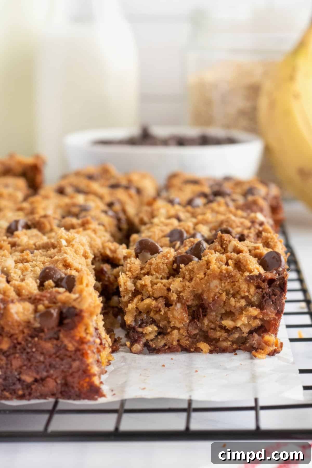 Delicious Peanut Butter Oatmeal Chocolate Chip Banana Bread Bars by The BakerMama, showcasing their rich texture and toppings.
