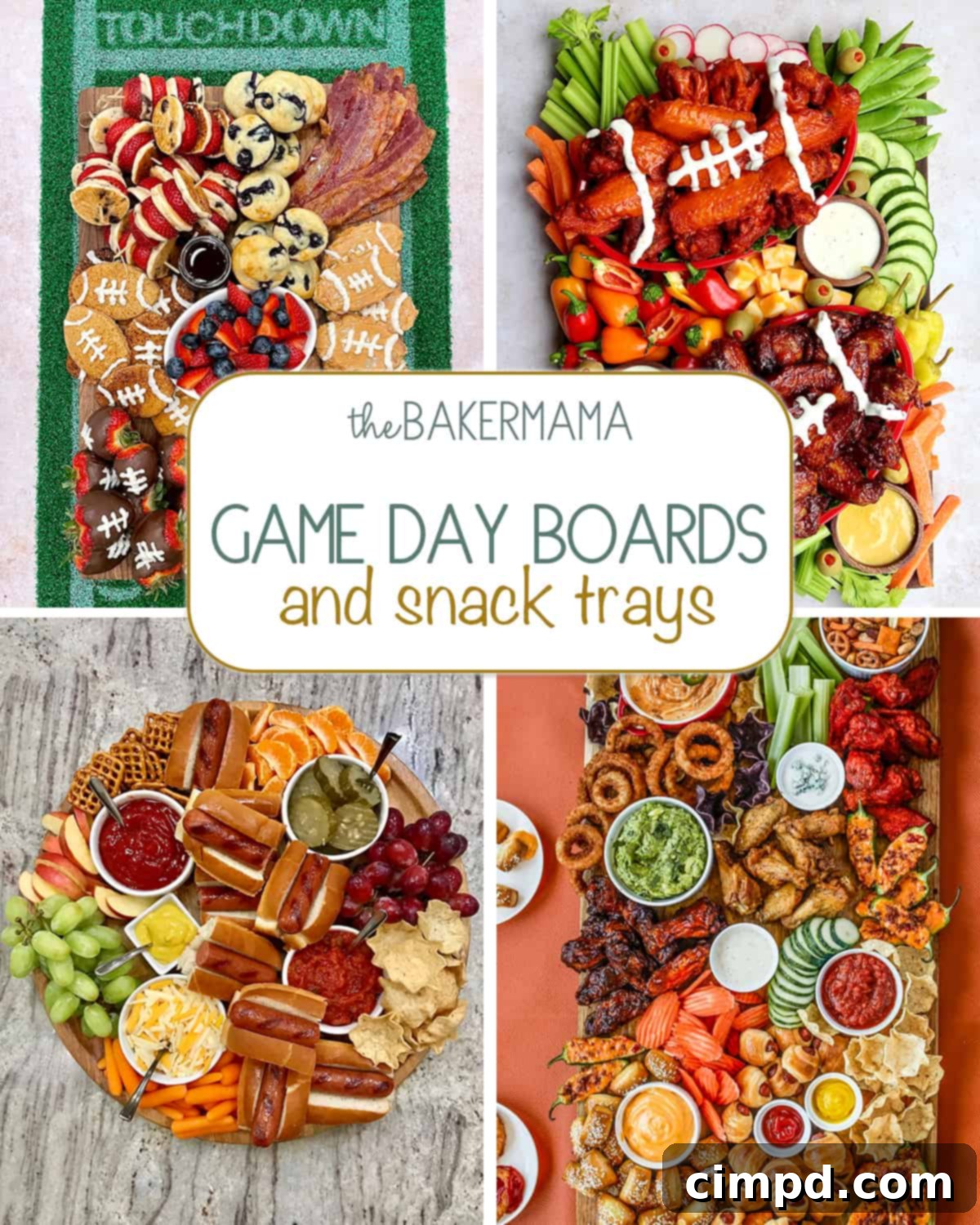 A vibrant selection of Game Day boards and snack trays, featuring various appetizers, dips, and desserts perfect for entertaining a crowd.