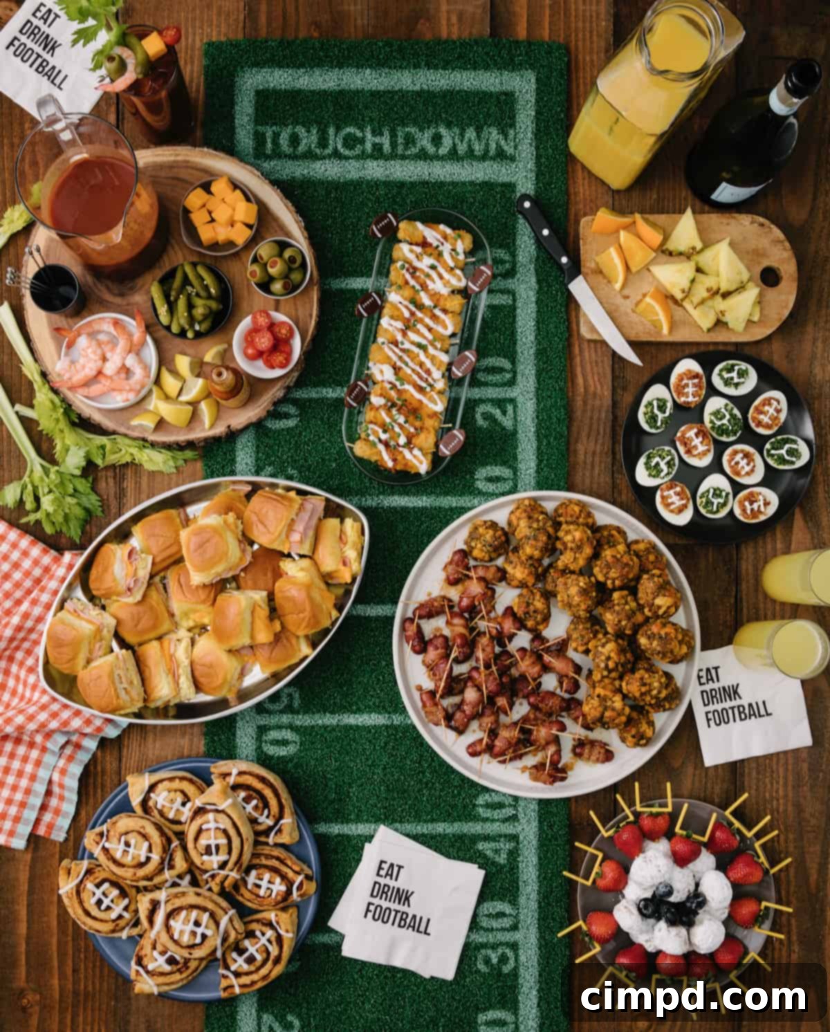 The Big Game Tailgate Brunch Spread by The BakerMama, featuring football-themed finger foods.