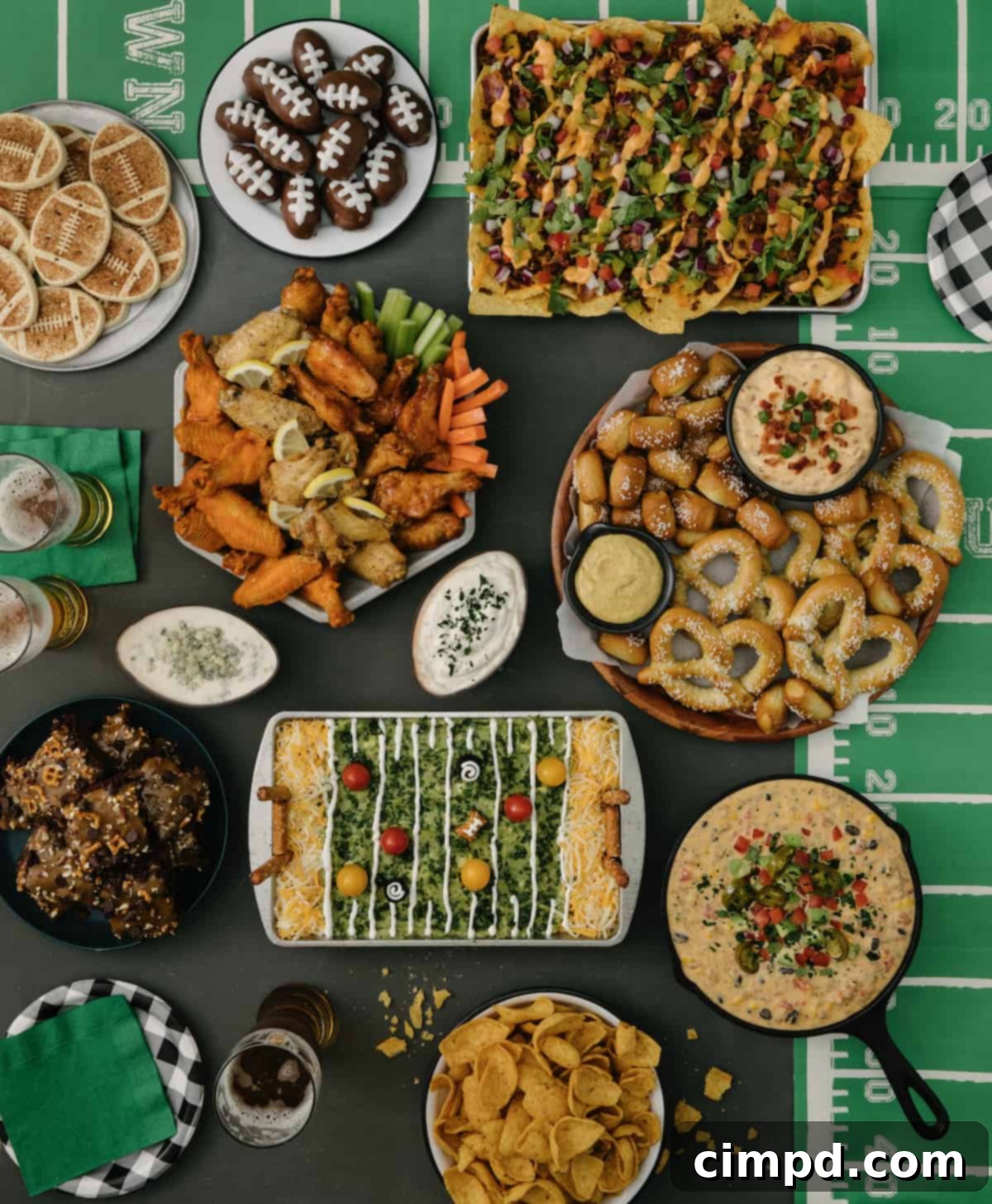 The Big Game Super Bowl Watch Party Spread by The BakerMama, with a variety of appetizers, main dishes, and desserts.