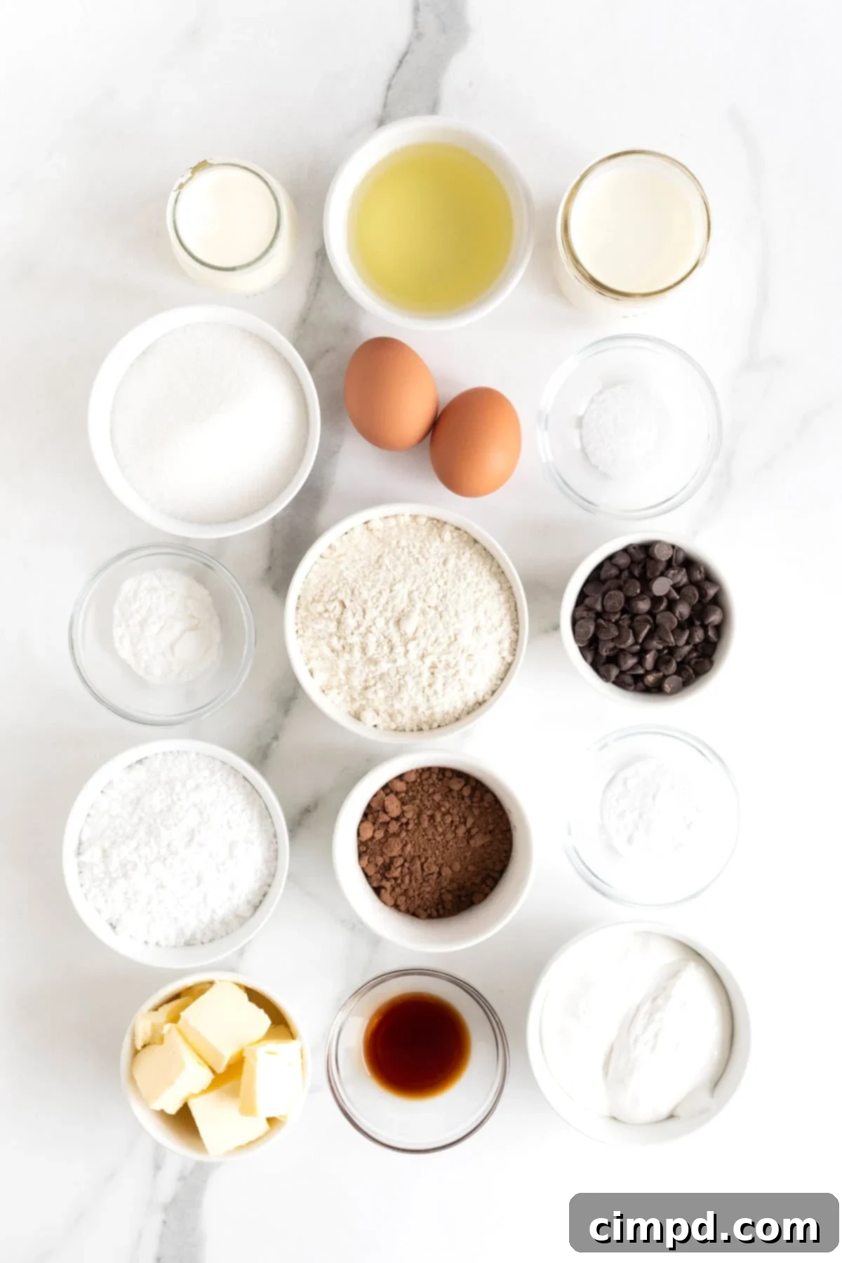 A collection of ingredients for Dark Chocolate Cream Filled Cupcakes, neatly arranged in small white dishes on a pristine white marble counter, ready for baking.