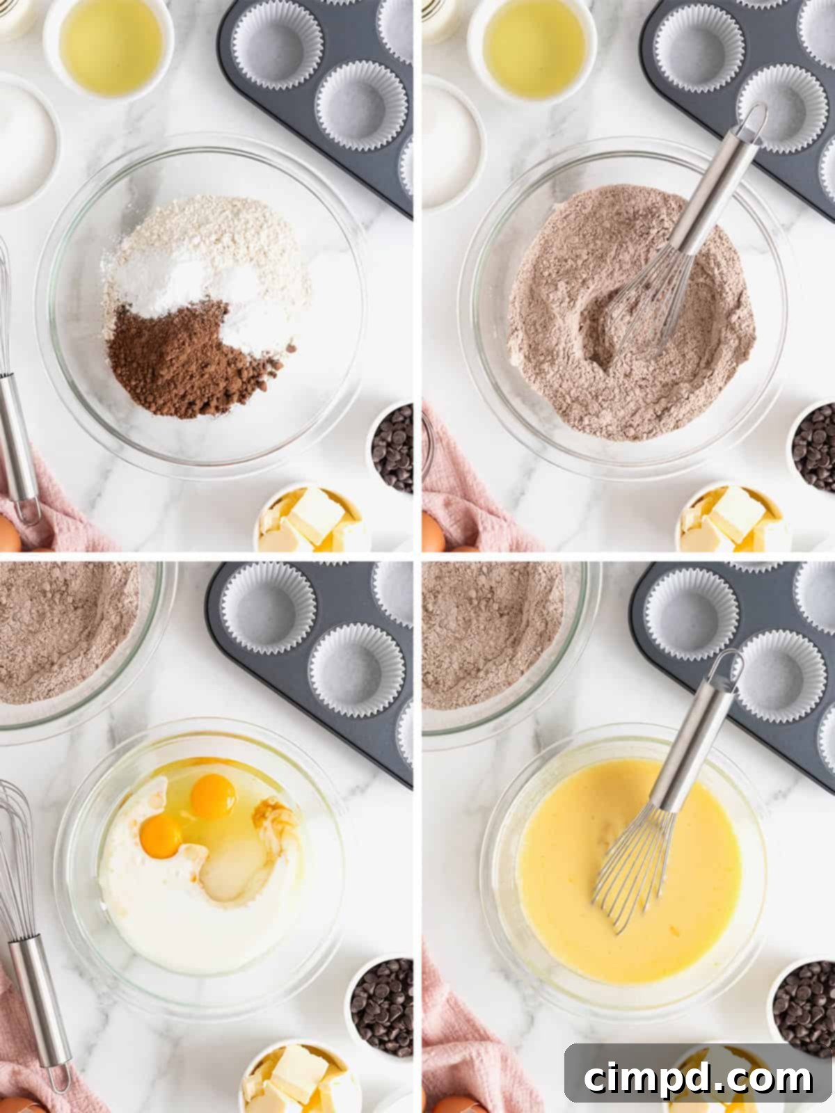 Visual steps illustrating the preparation of batter for dark chocolate cream filled cupcakes, showcasing whisked ingredients in bowls.